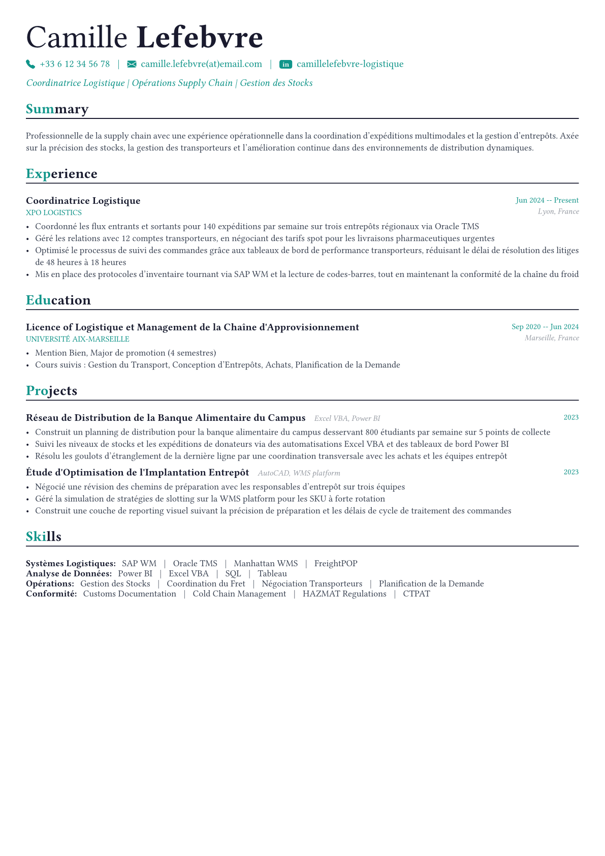 Logistics Manager exemple de CV