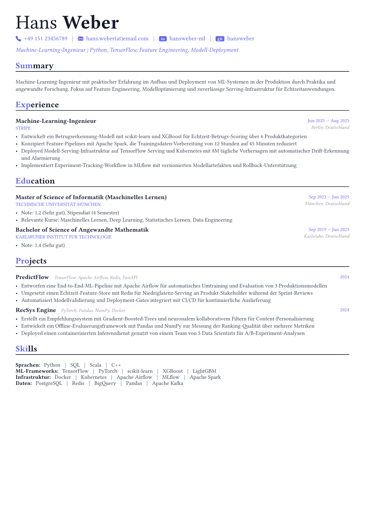 Machine Learning Engineer Lebenslauf-Beispiel
