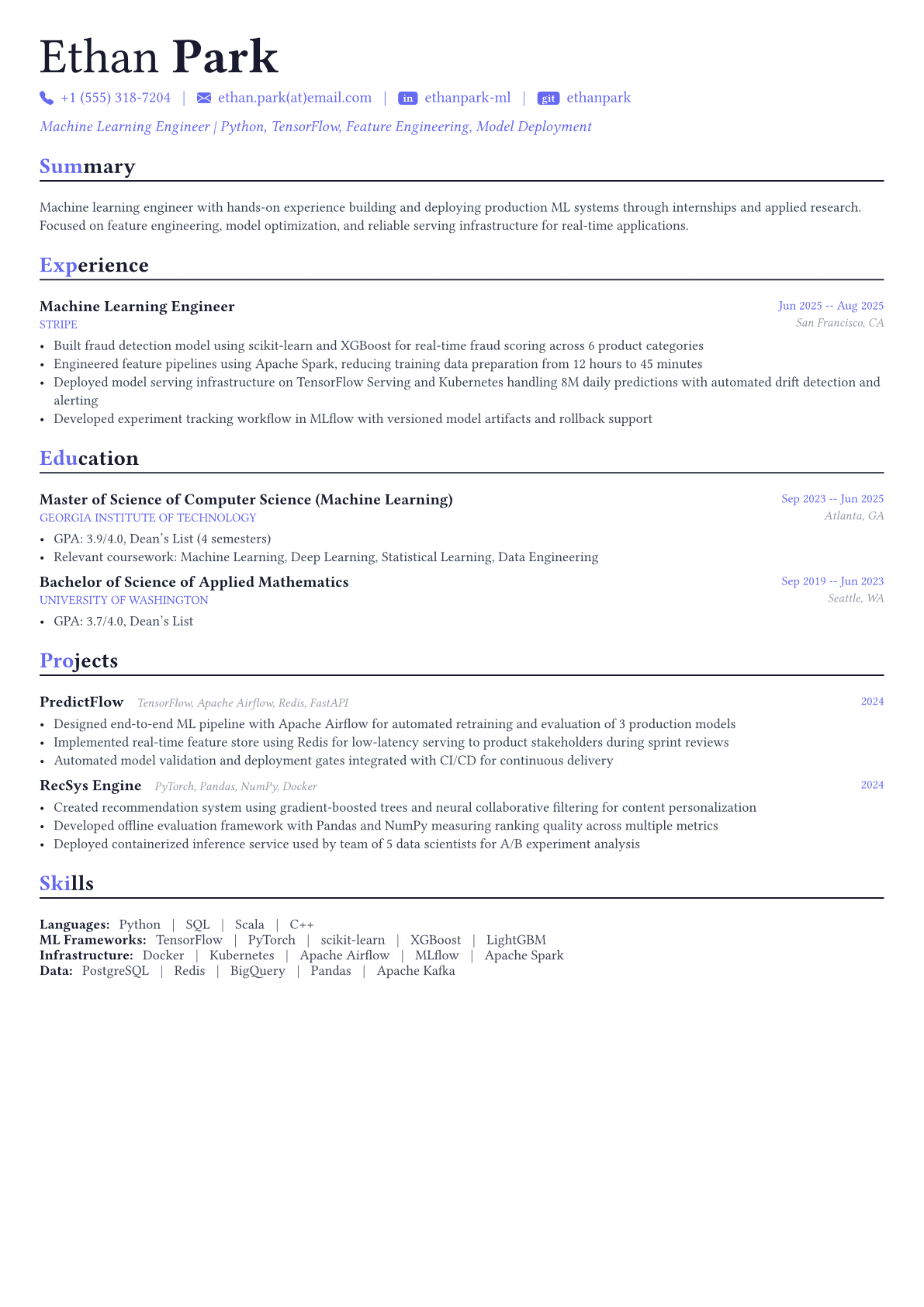 Machine Learning Engineer resume example