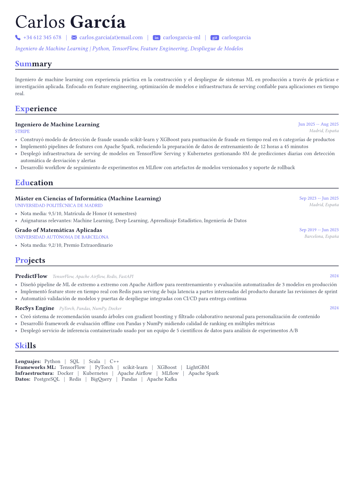 Machine Learning Engineer ejemplo de CV