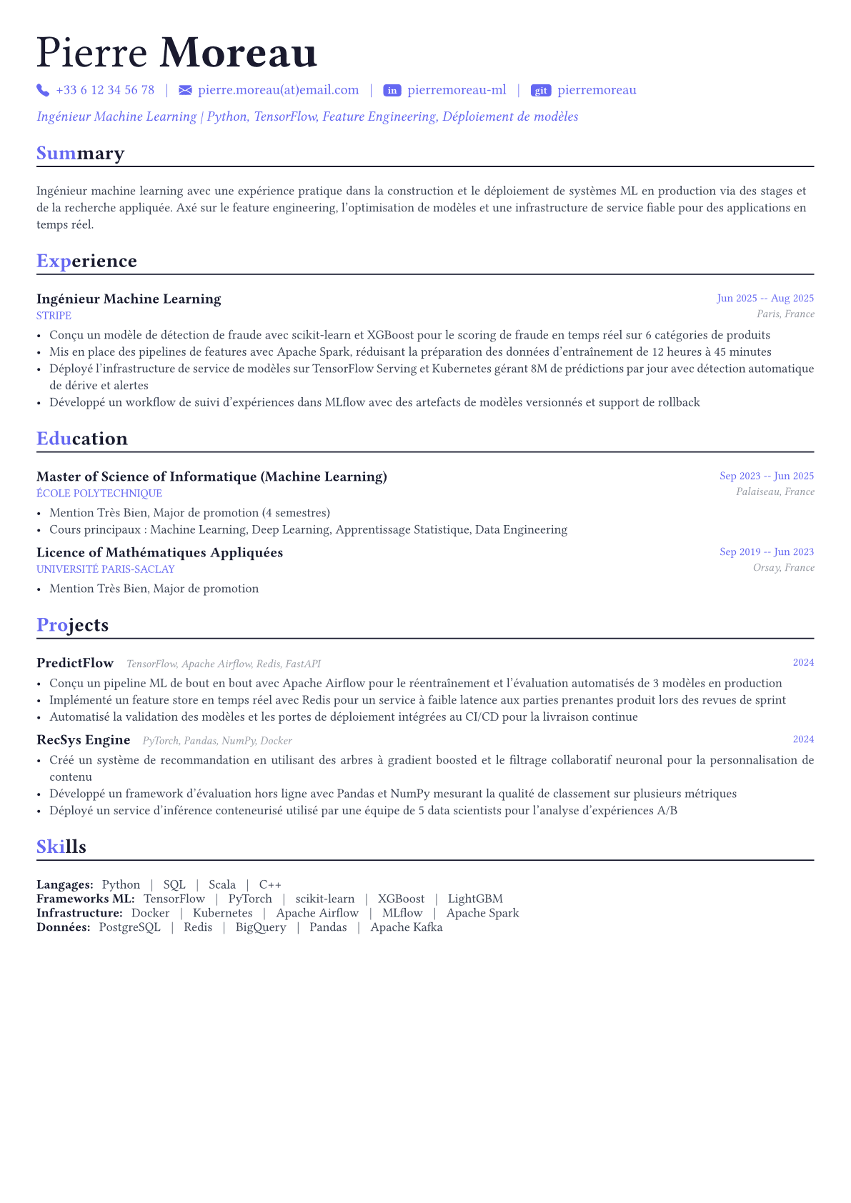 Machine Learning Engineer exemple de CV