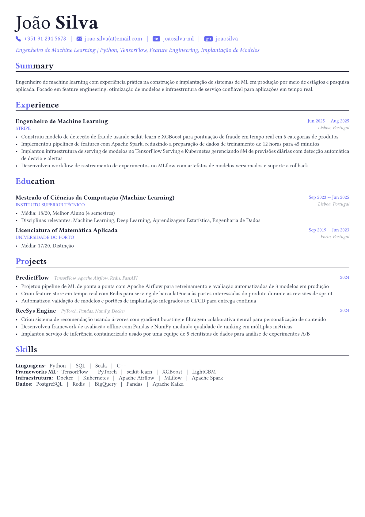 Machine Learning Engineer exemplo de currículo
