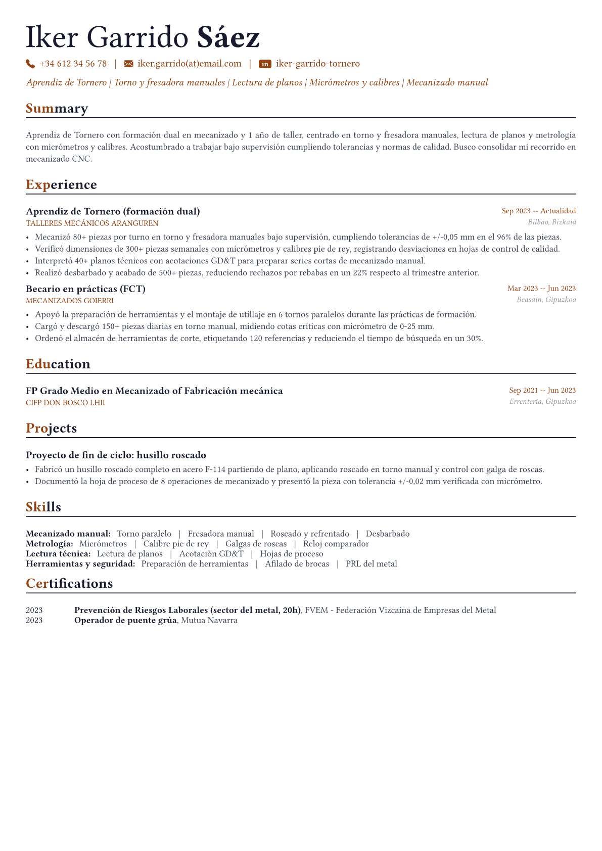 Tornero ejemplo de CV