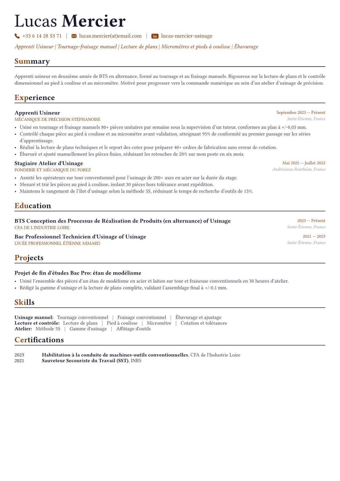 Usineur exemple de CV