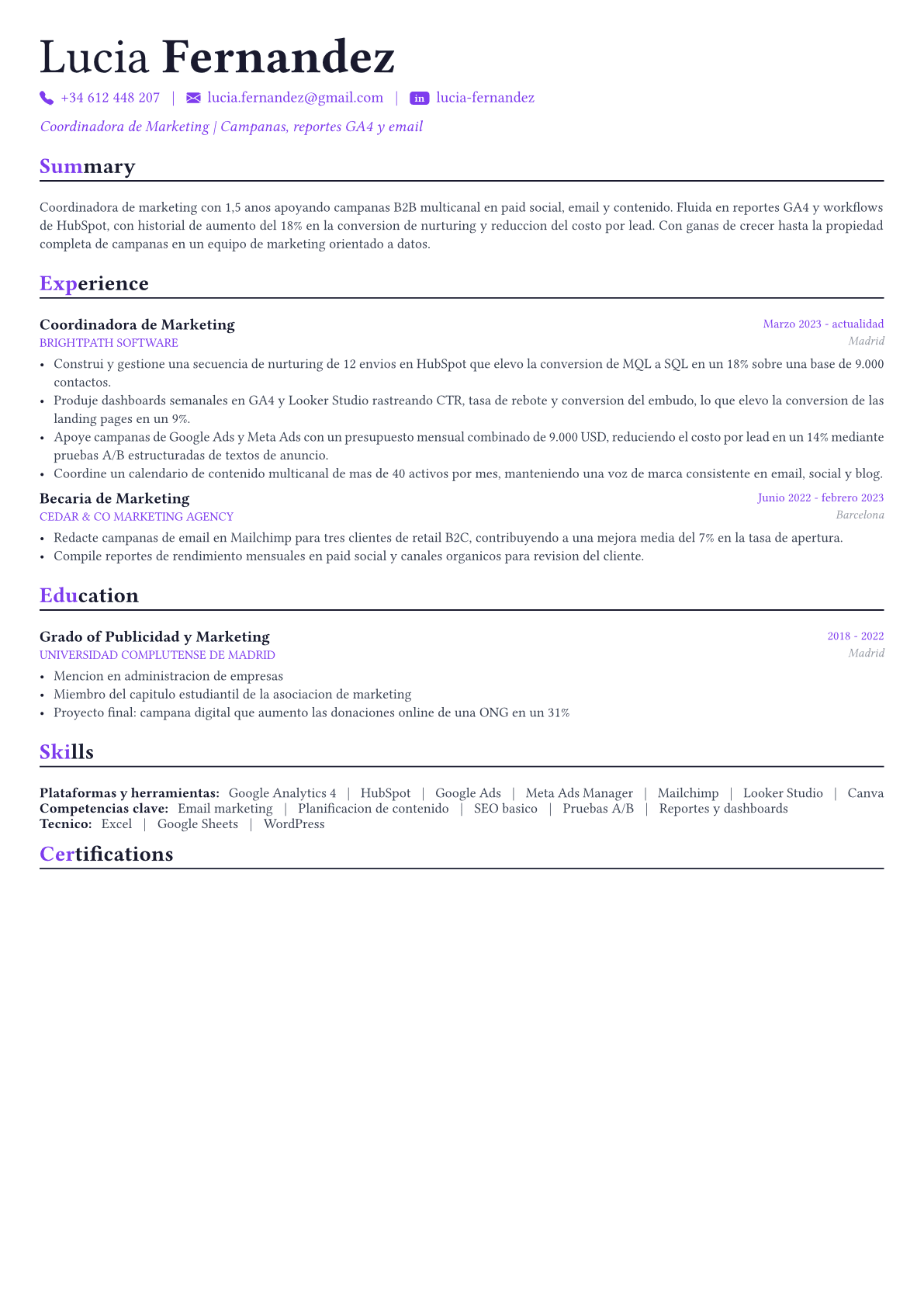 Marketing Manager ejemplo de CV