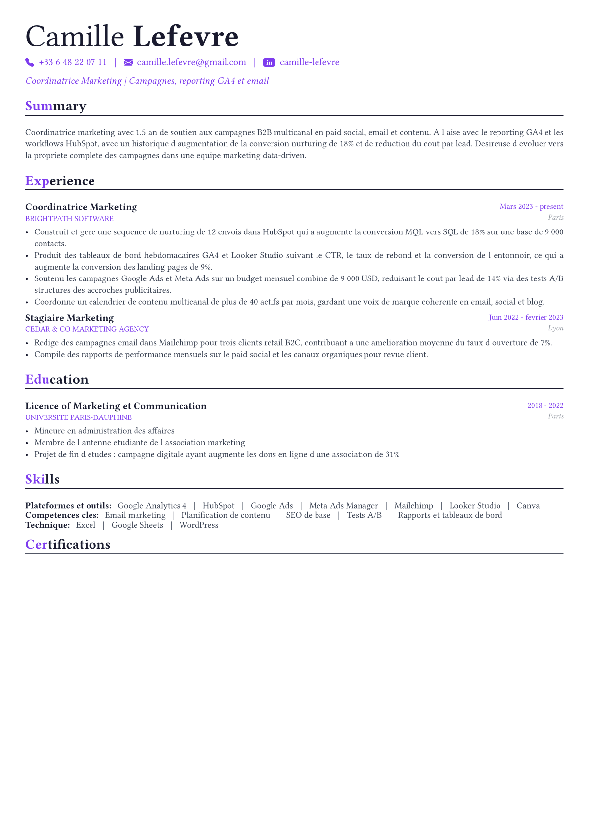 Marketing Manager exemple de CV