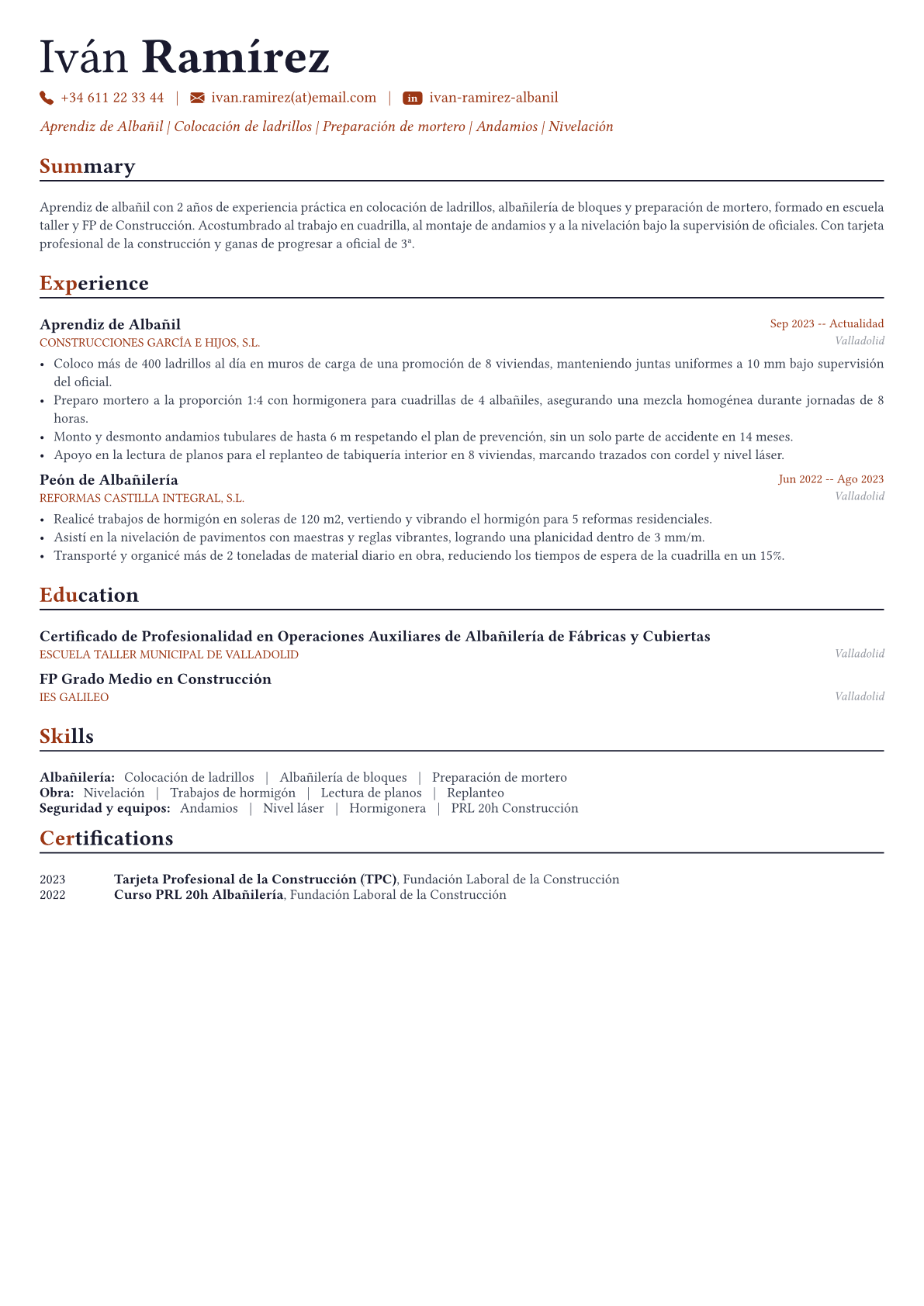 Albañil ejemplo de CV