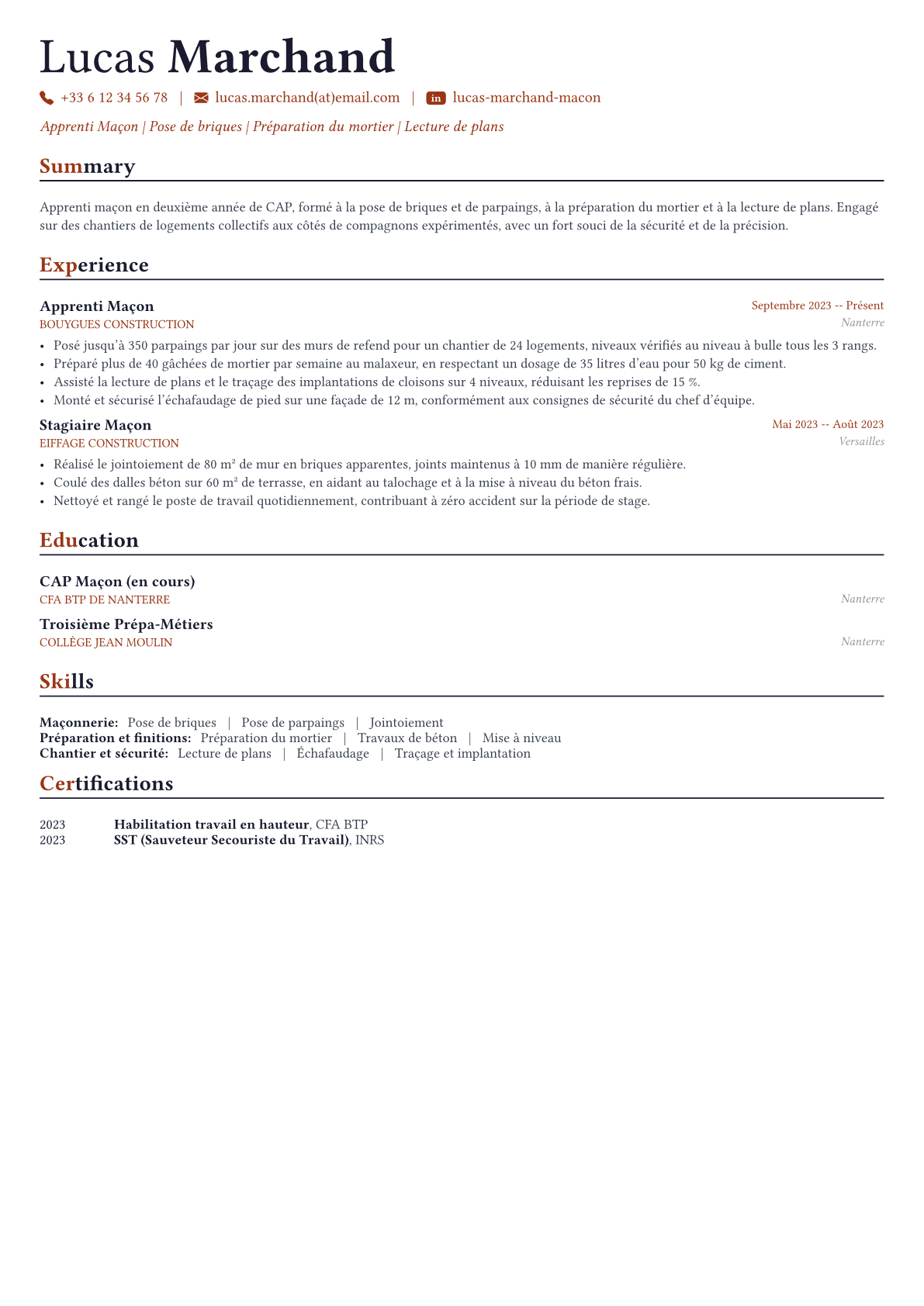 Maçon exemple de CV