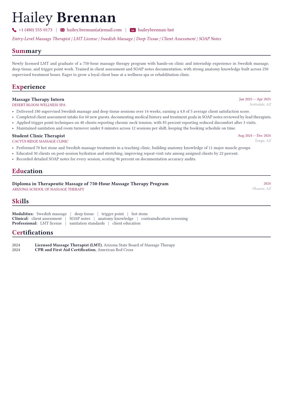 Massage Therapist resume example