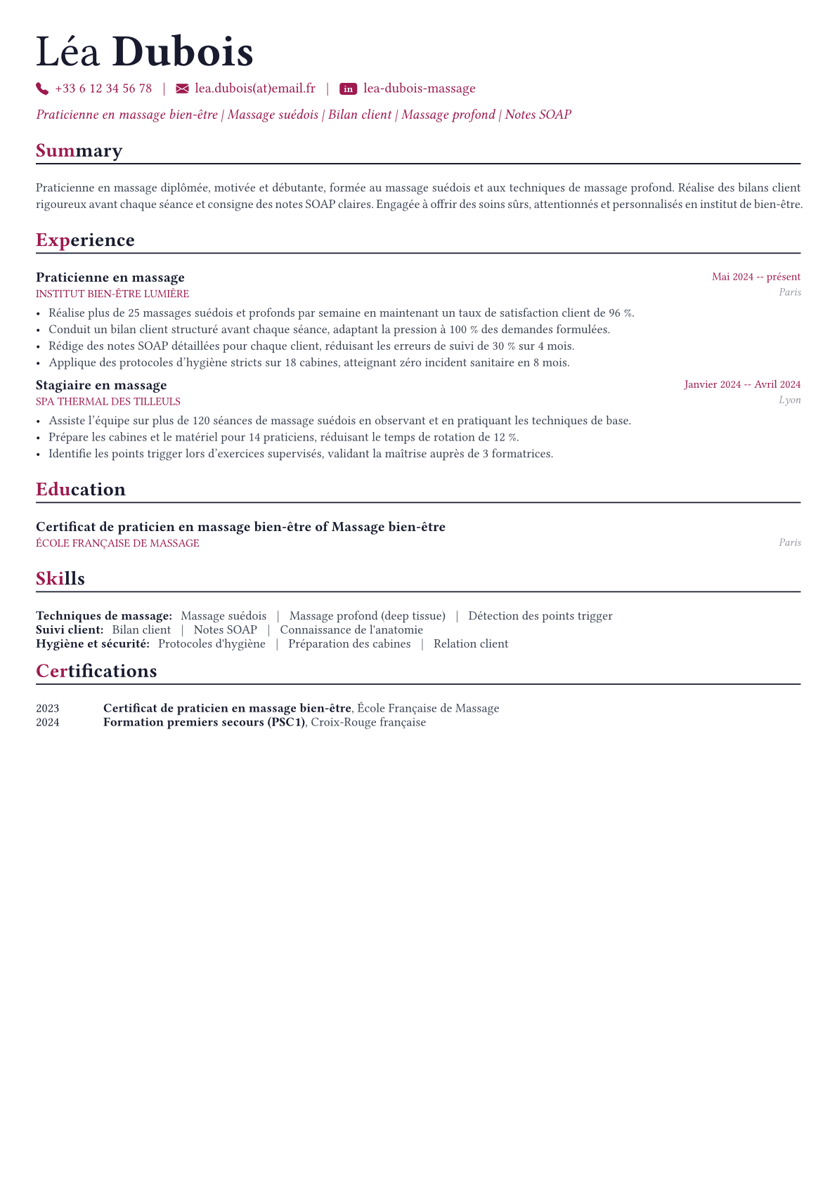 Masseur exemple de CV