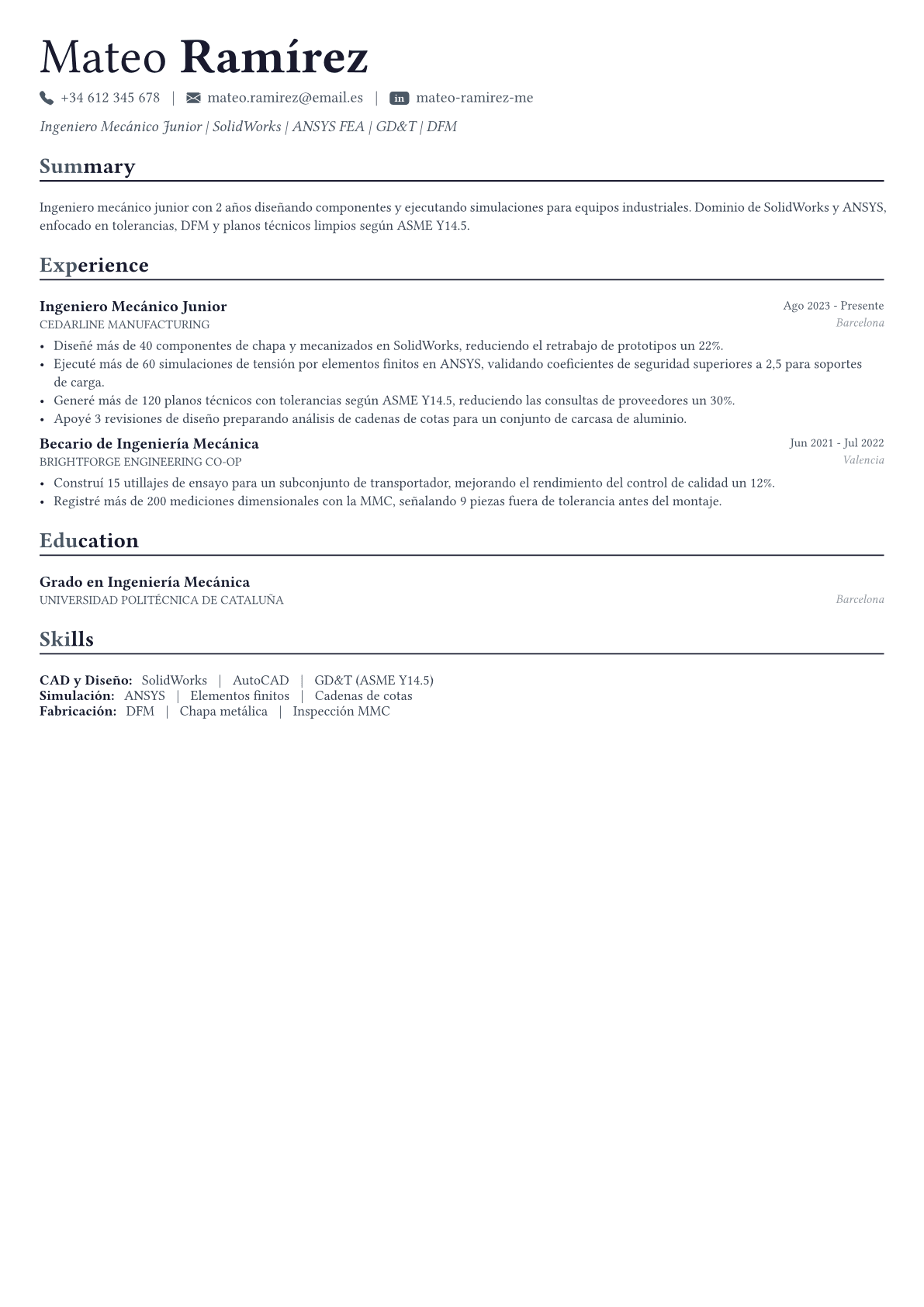 Mechanical Engineer ejemplo de CV