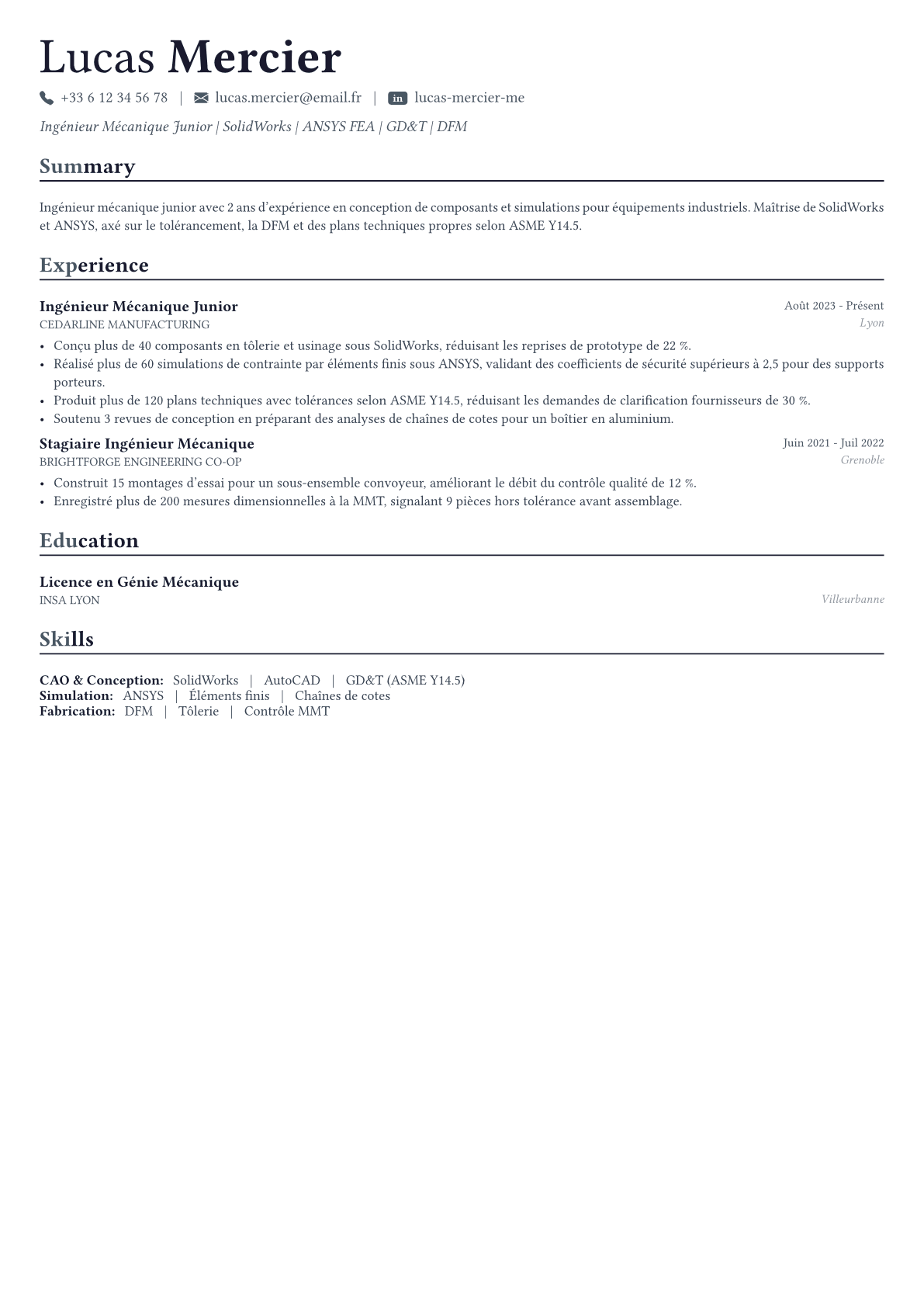 Mechanical Engineer exemple de CV