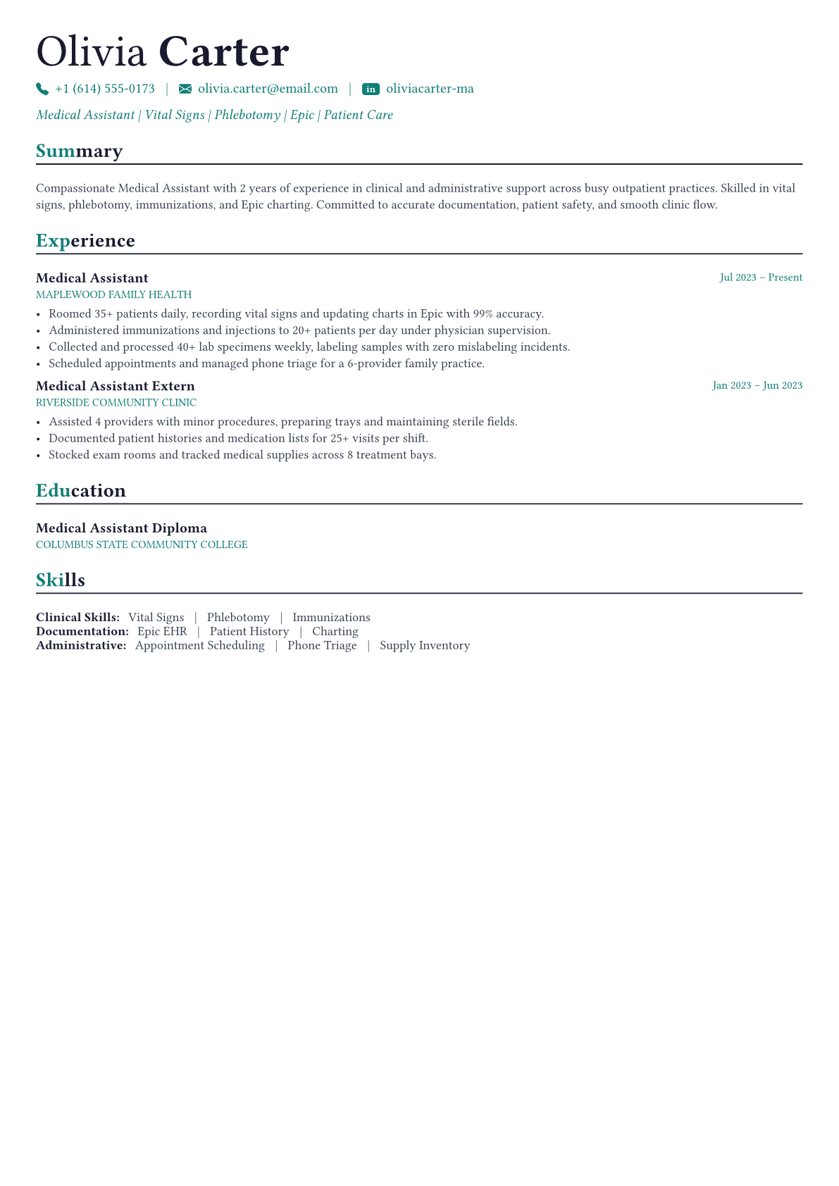 Medical Assistant resume example