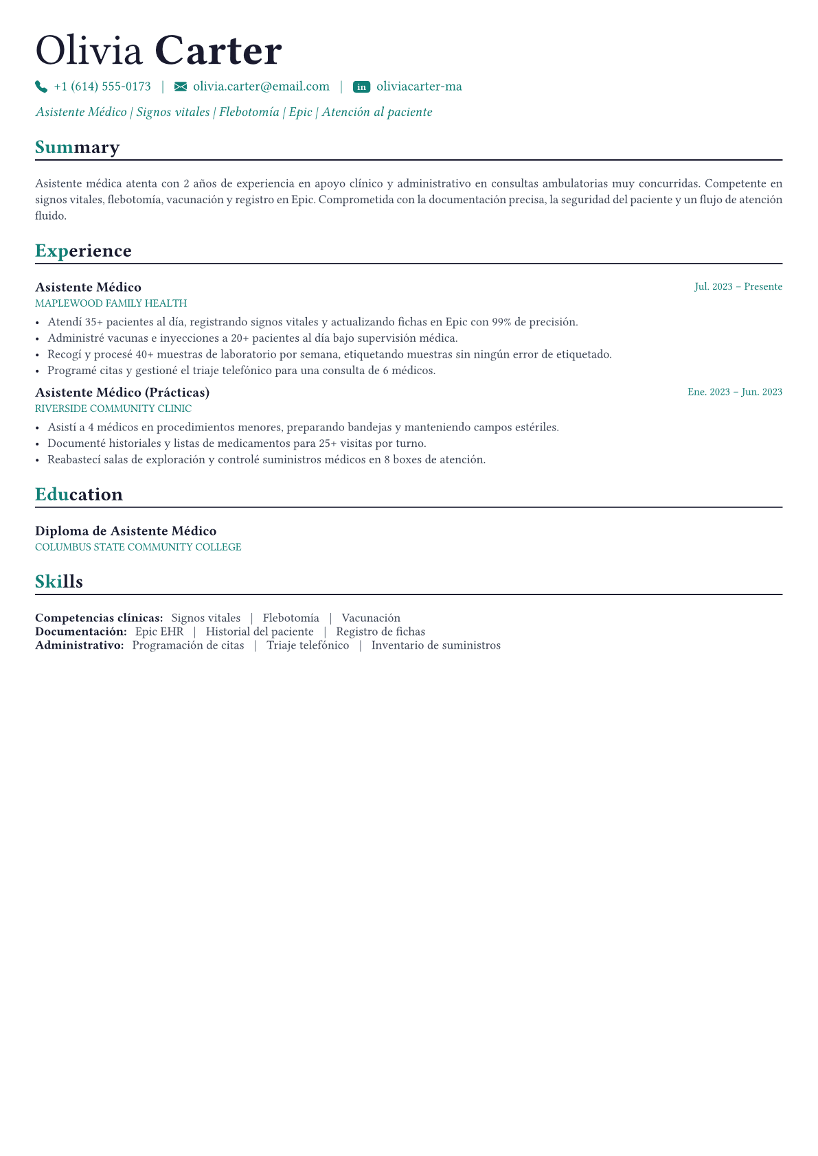 Medical Assistant ejemplo de CV