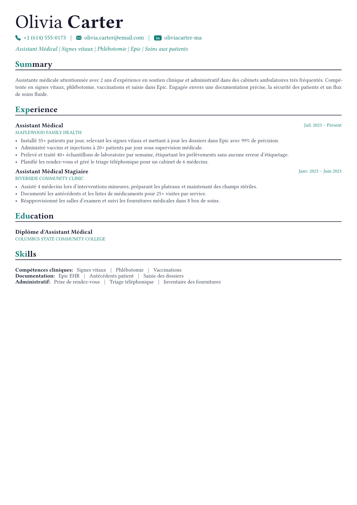 Medical Assistant exemple de CV