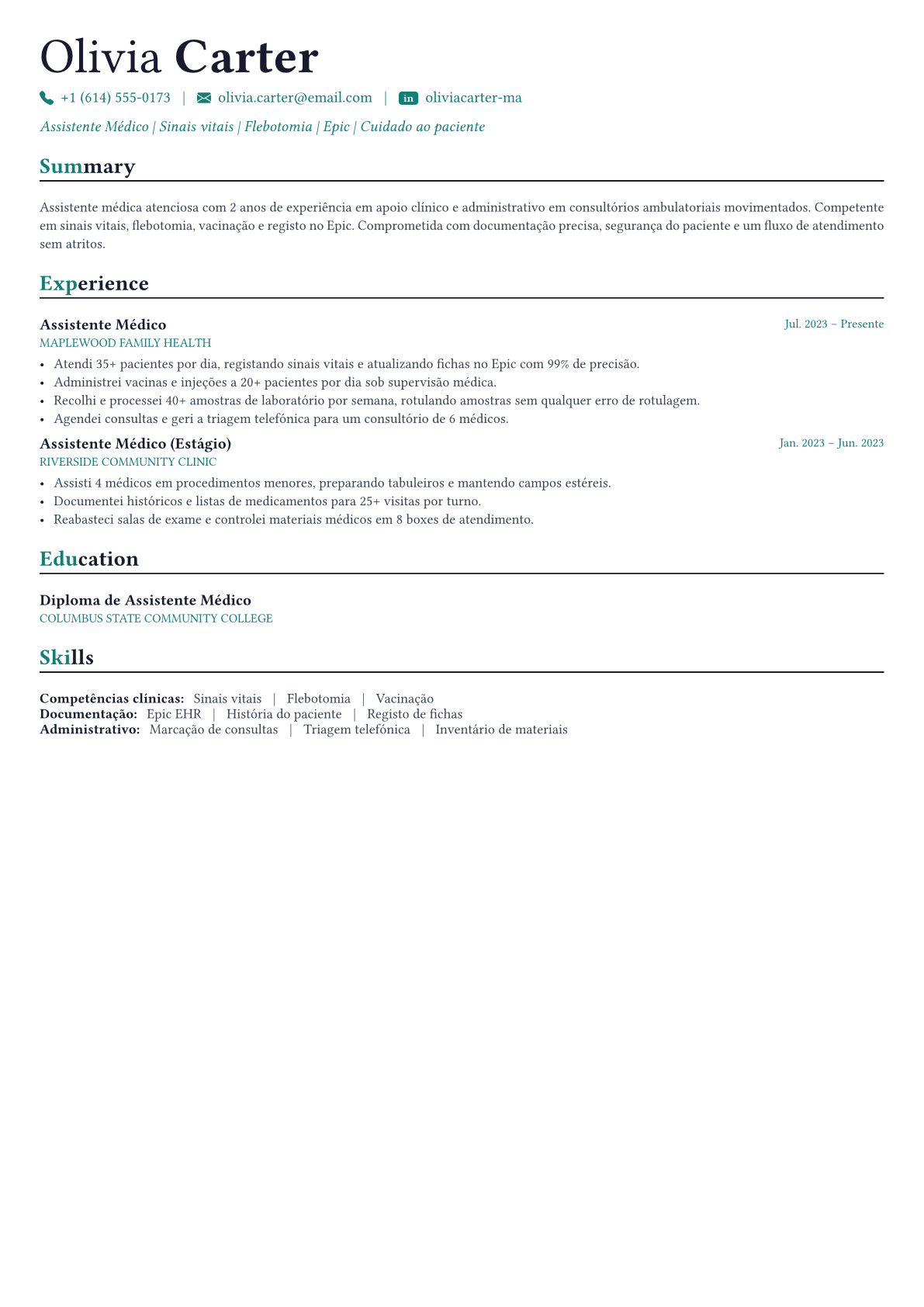 Medical Assistant exemplo de currículo