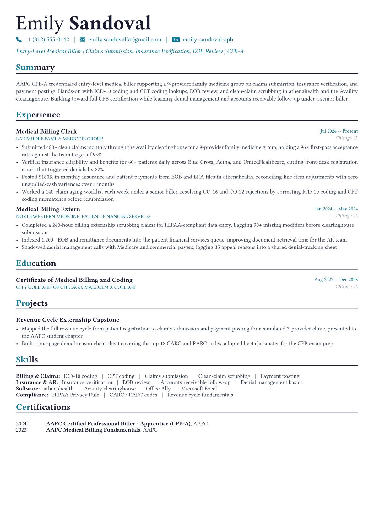 Medical Billing Specialist resume example