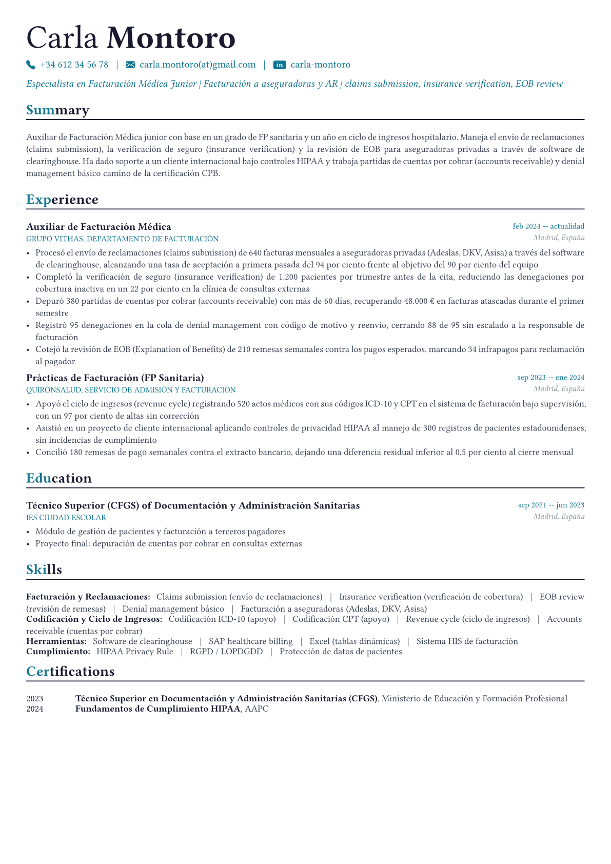Especialista en Facturación Médica ejemplo de CV
