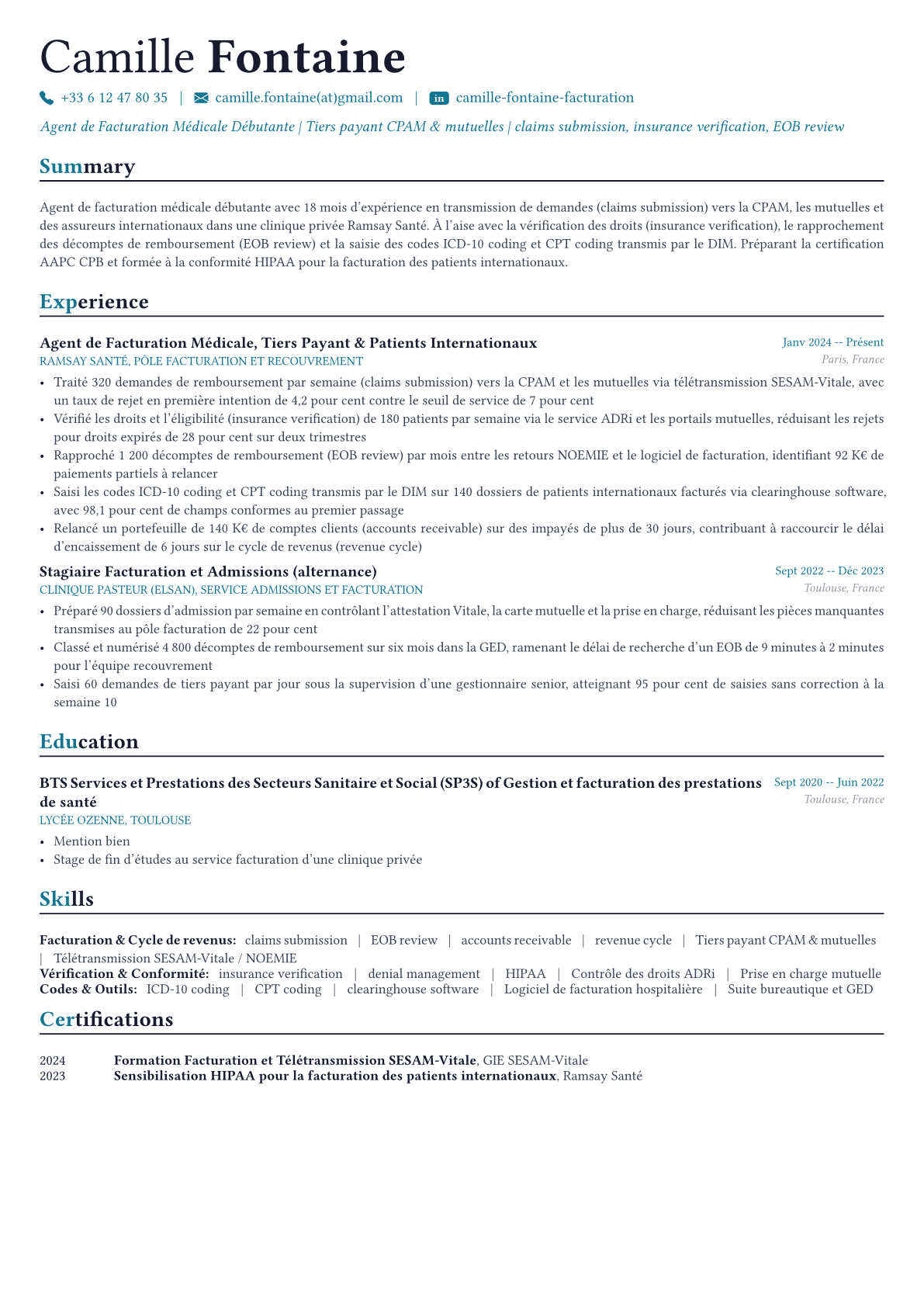 Spécialiste en Facturation Médicale exemple de CV