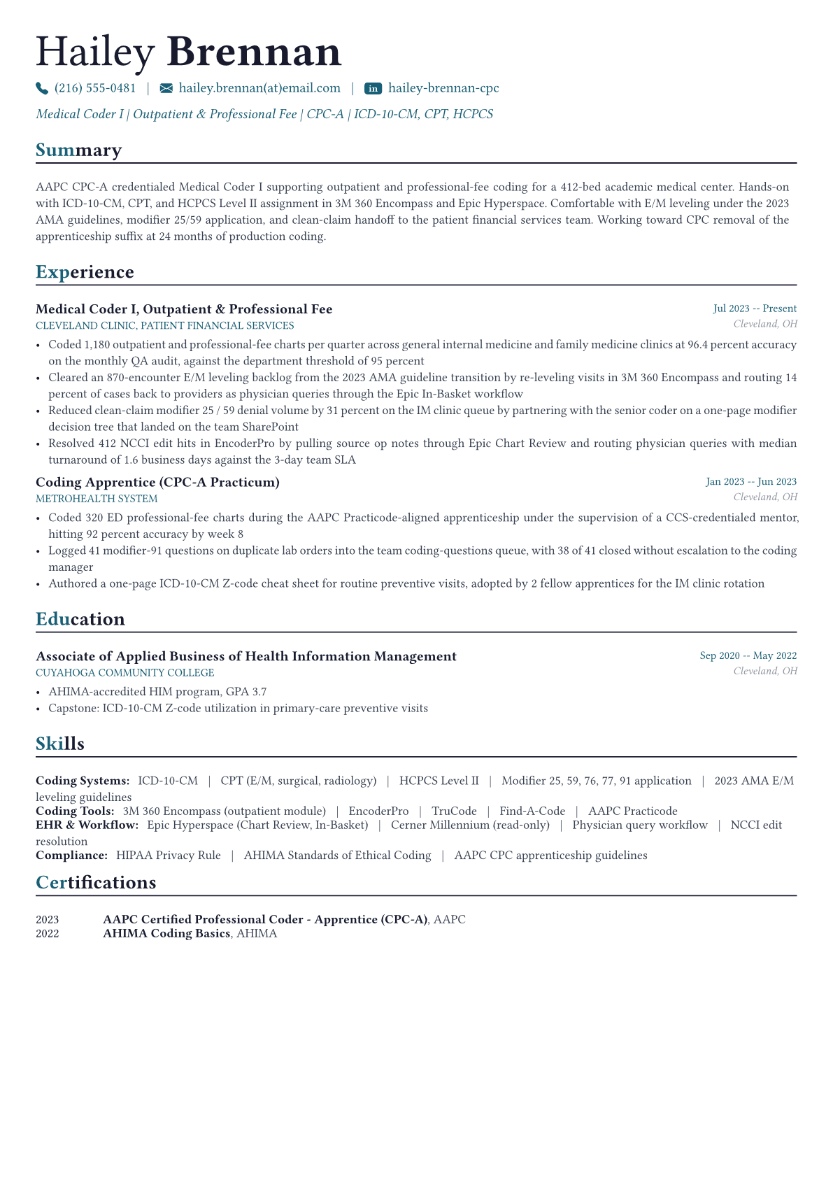 Medical Coder resume example