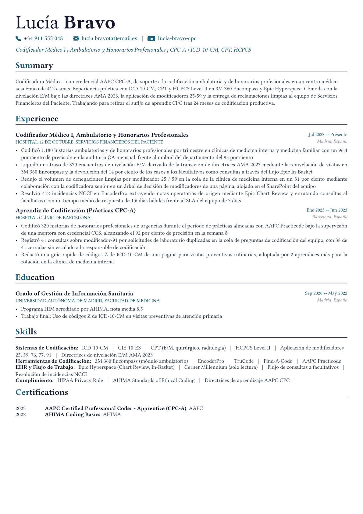 Medical Coder ejemplo de CV