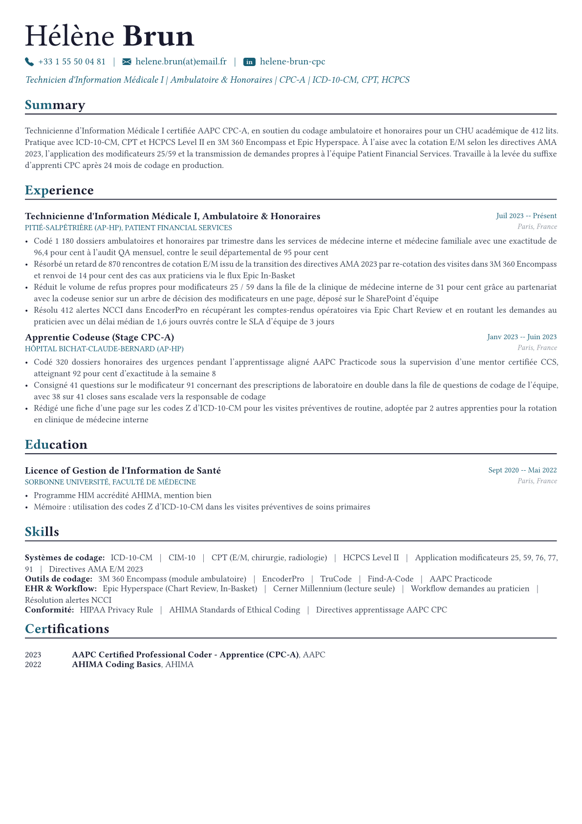 Medical Coder exemple de CV