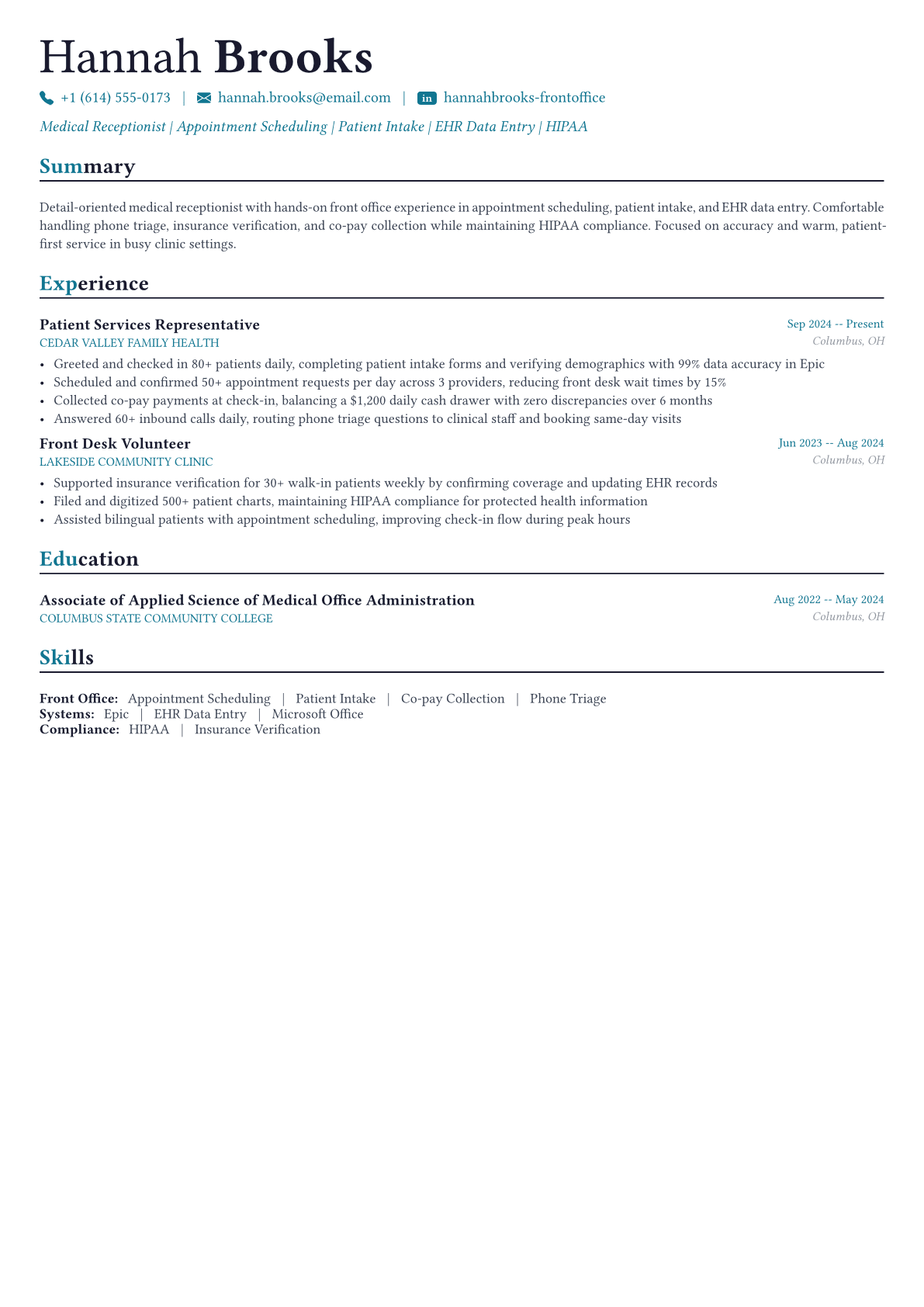 Medical Receptionist resume example