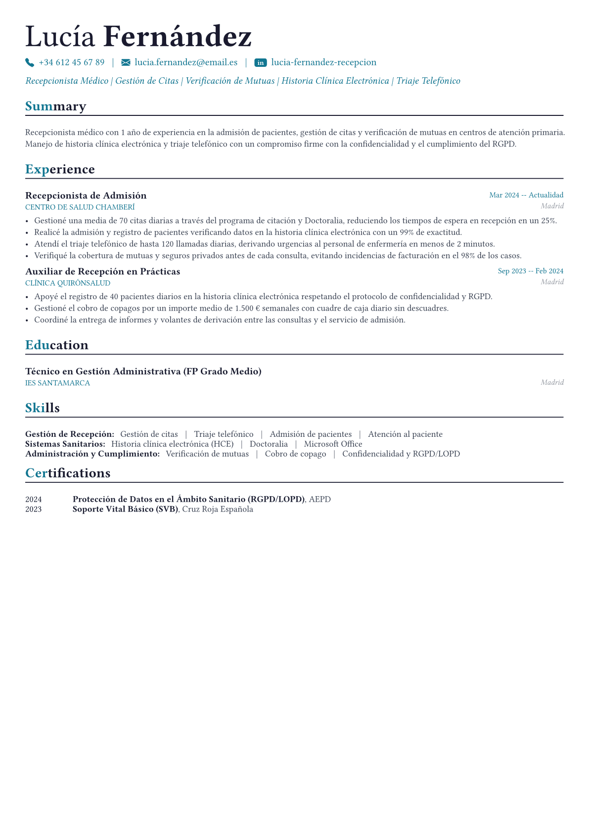 Recepcionista Médico ejemplo de CV