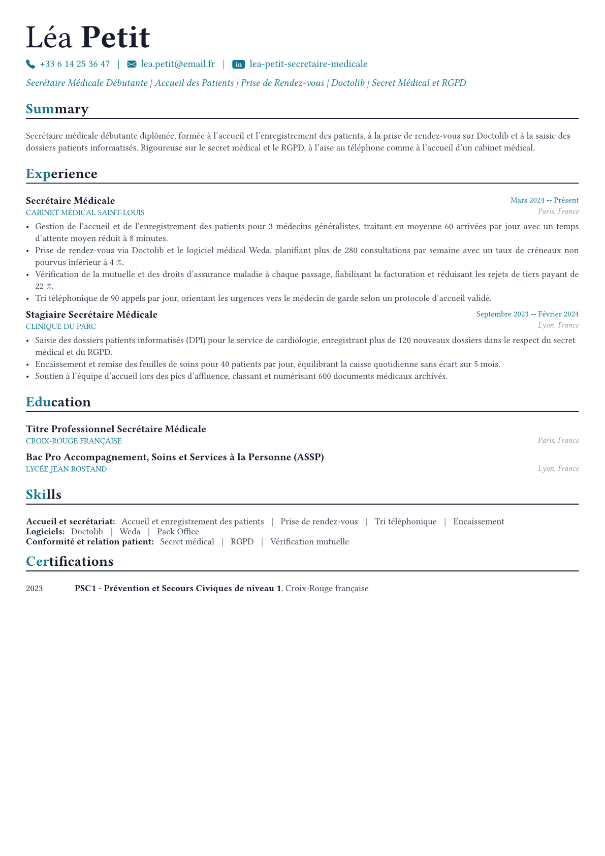 Secrétaire Médicale exemple de CV