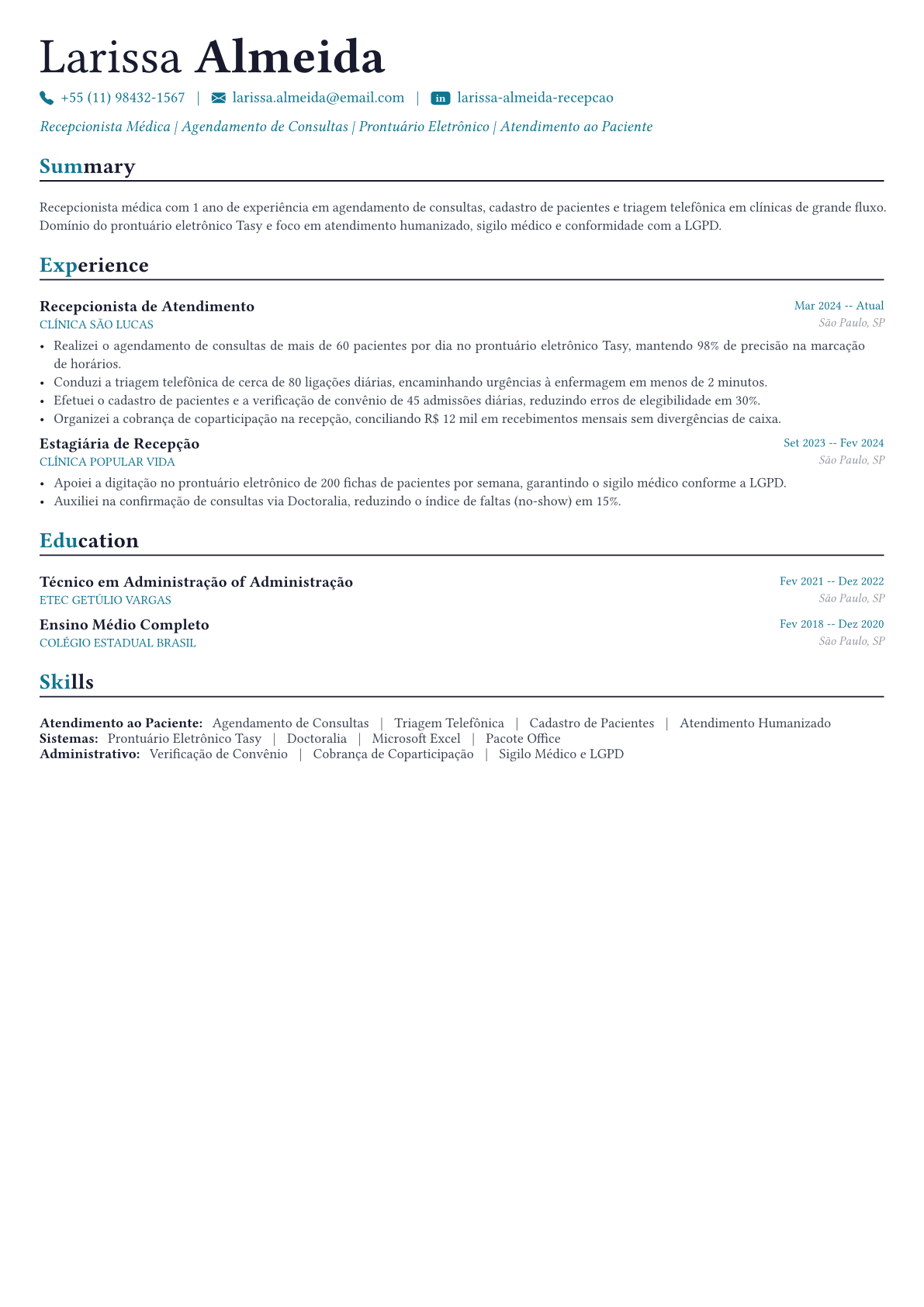 Recepcionista Médico exemplo de currículo