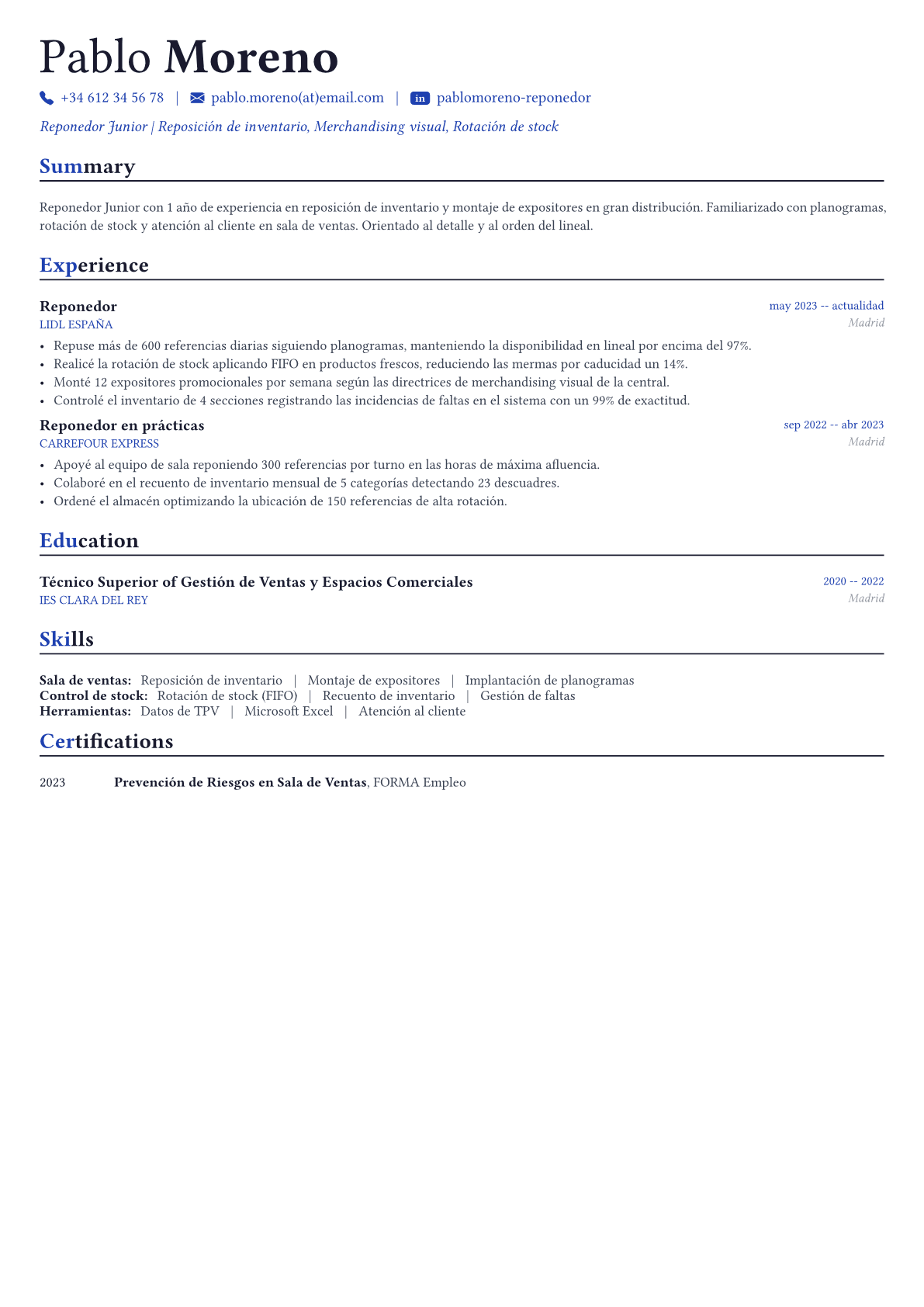 Reponedor ejemplo de CV