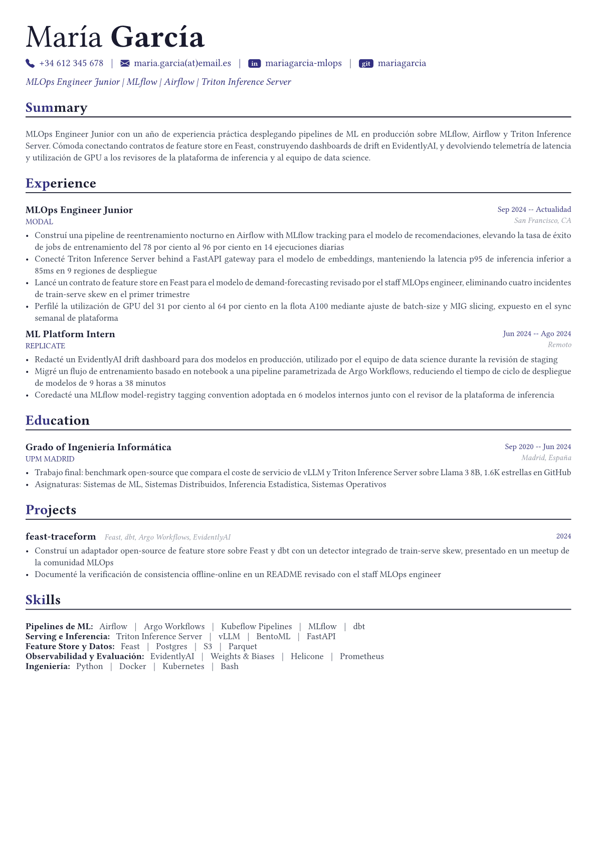 MLOps Engineer ejemplo de CV