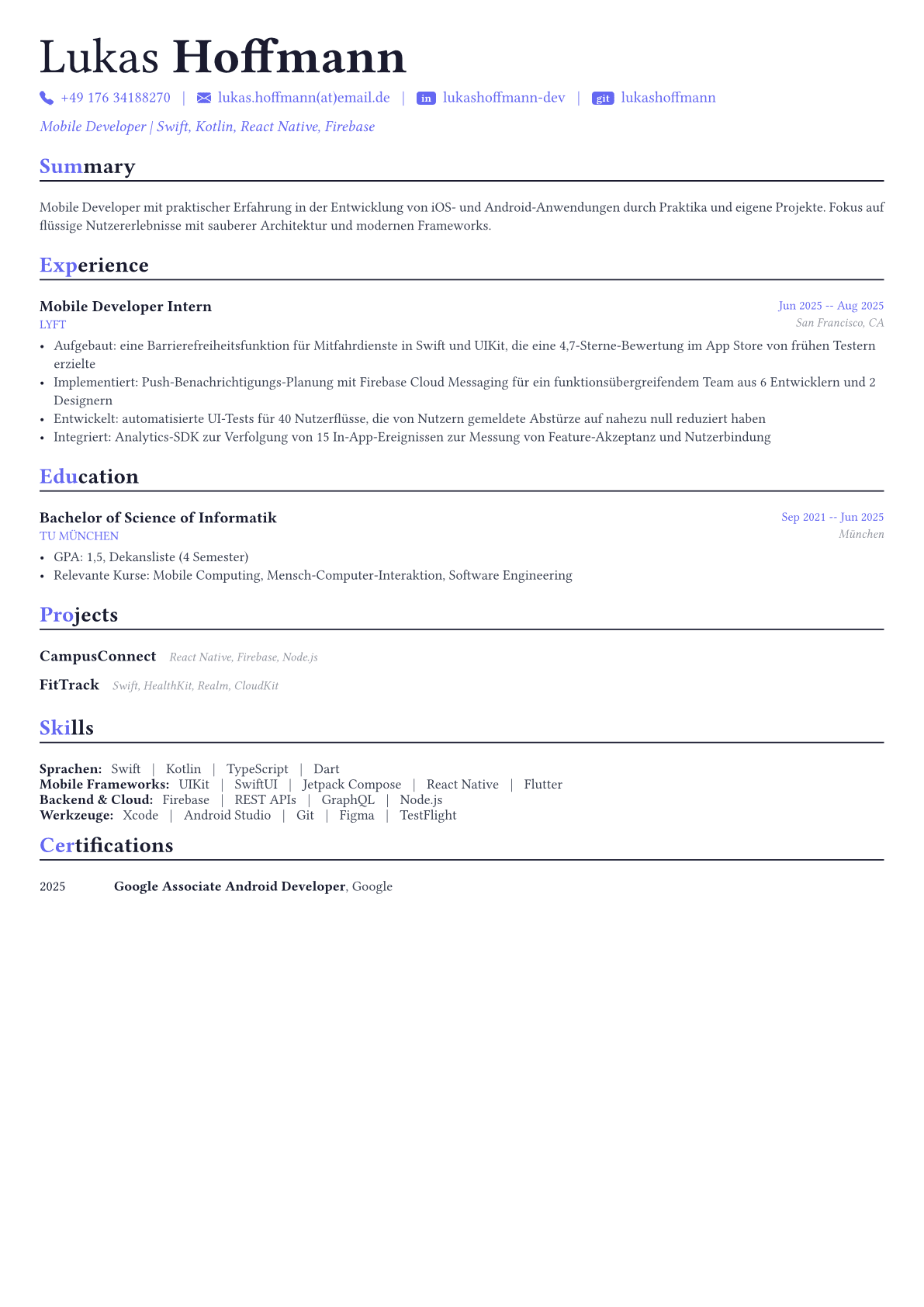 Mobile Developer Lebenslauf-Beispiel