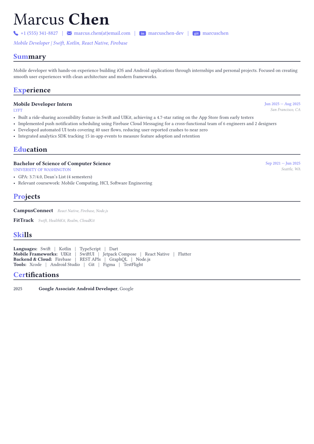Mobile Developer resume example