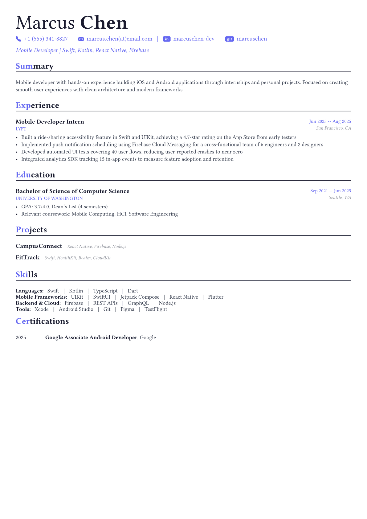 Mobile Developer resume example