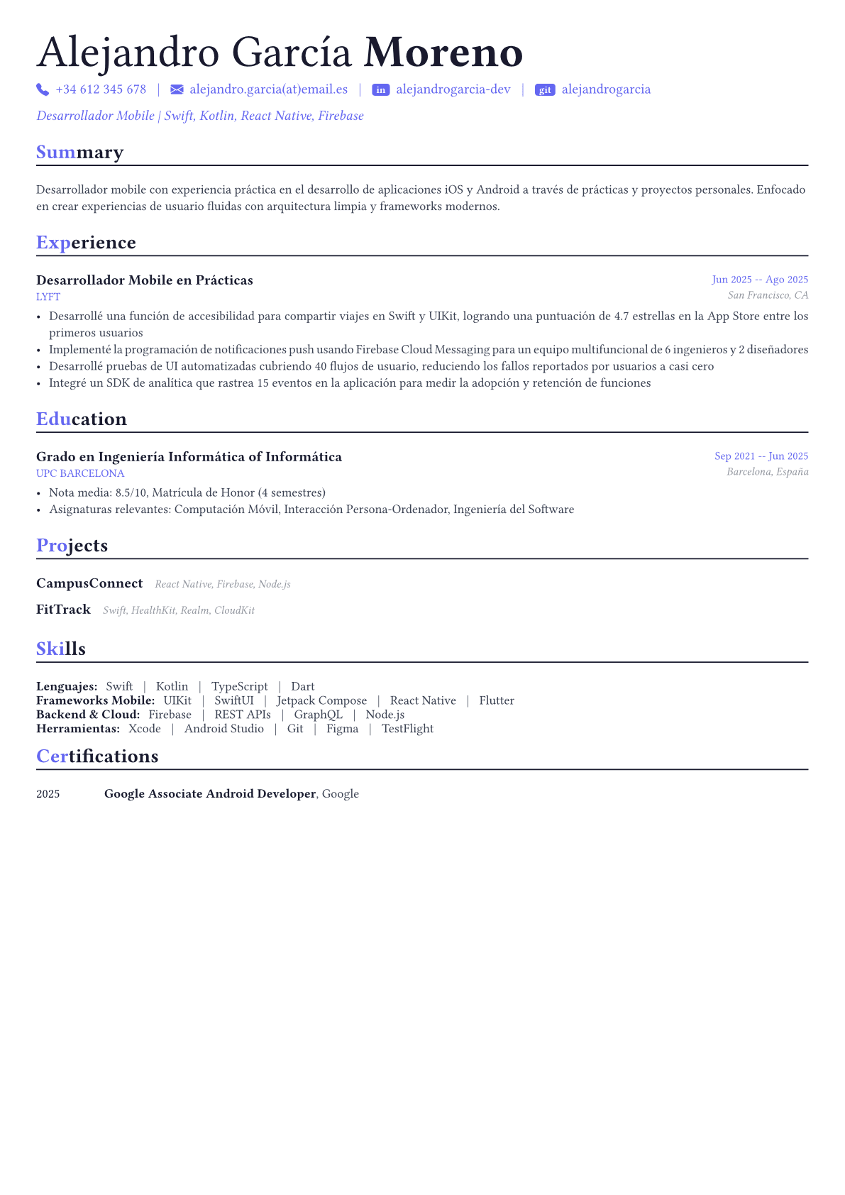Mobile Developer ejemplo de CV