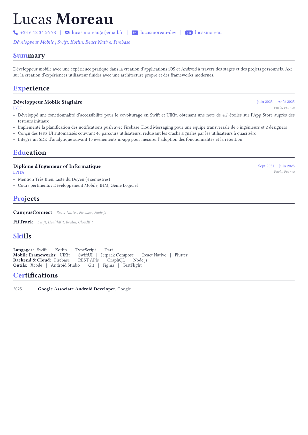 Mobile Developer exemple de CV