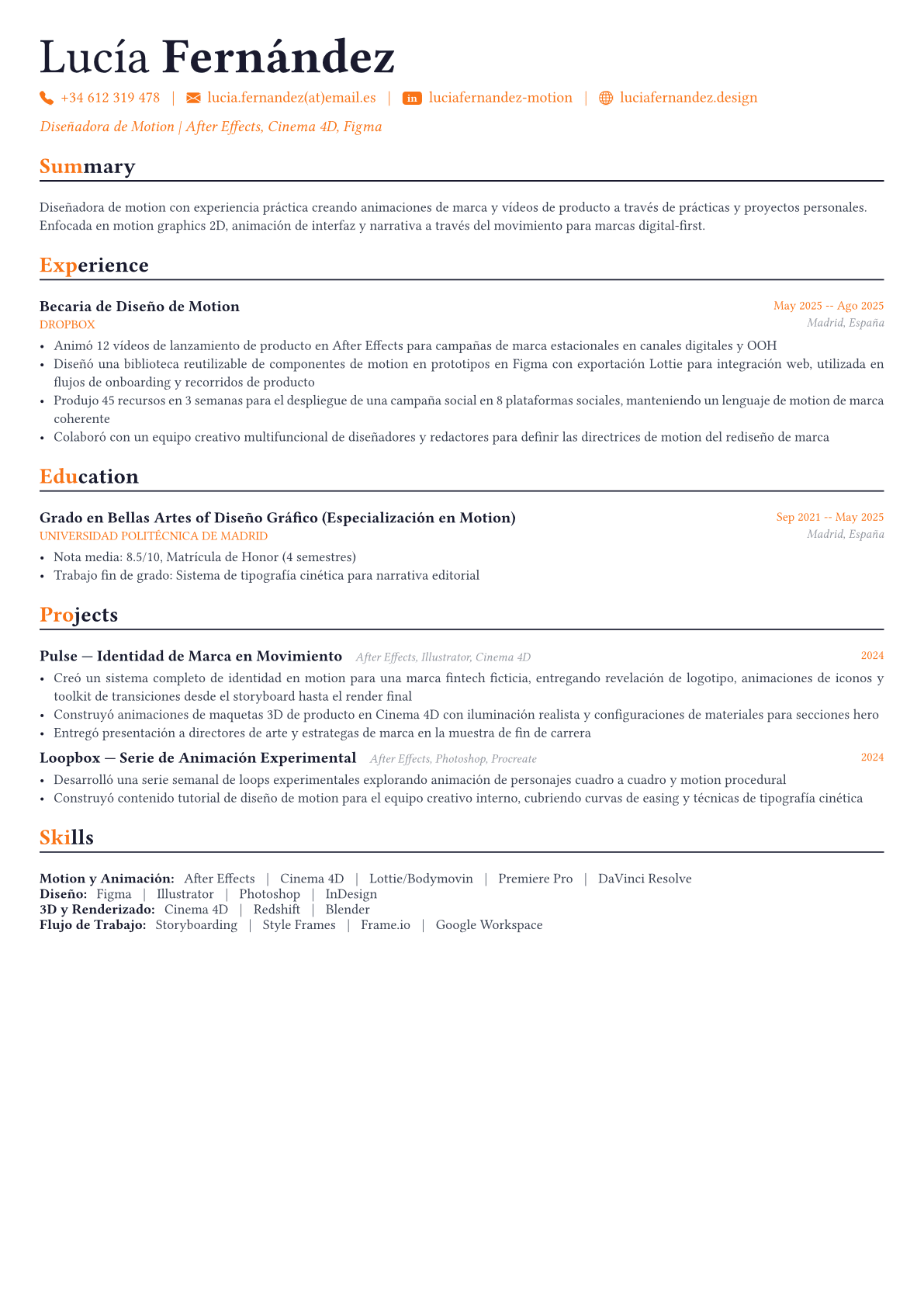 Motion Designer ejemplo de CV
