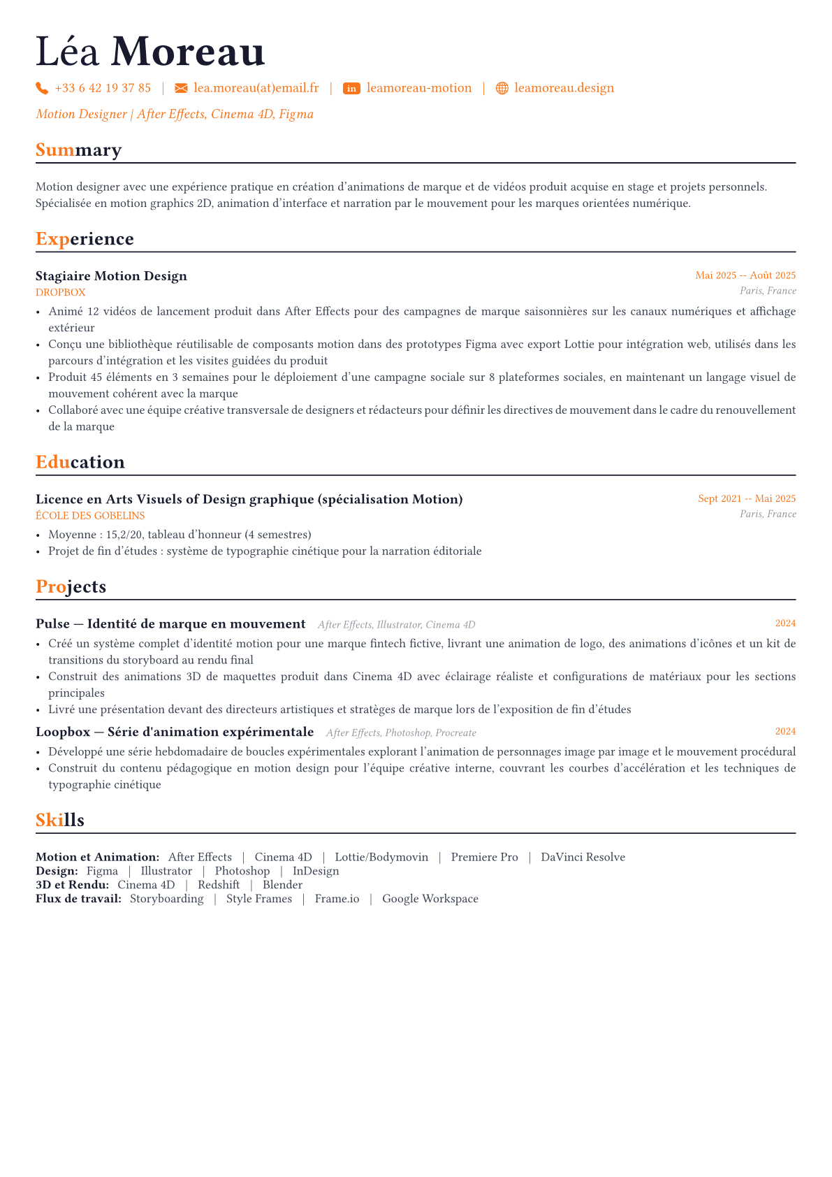 Motion Designer exemple de CV