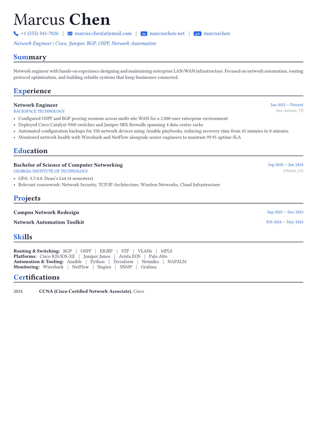 Network Engineer resume example