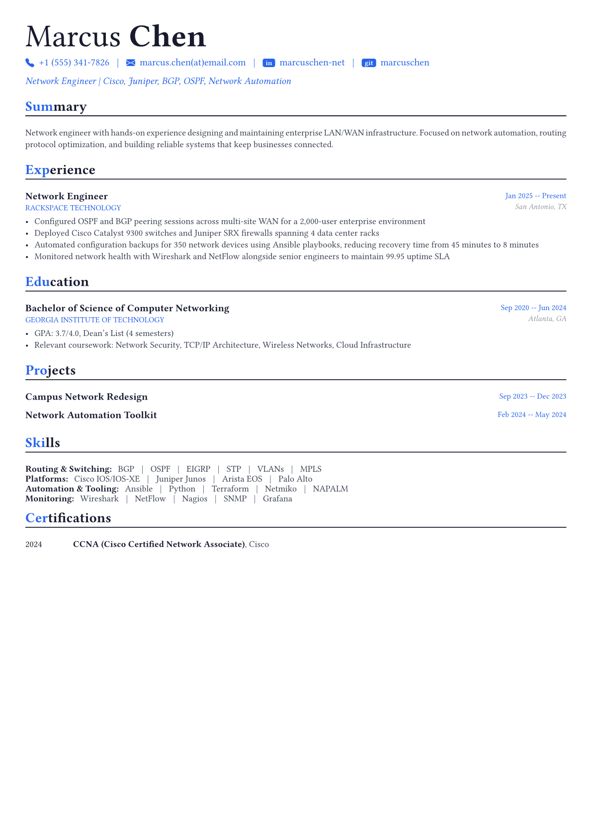 Network Engineer resume example