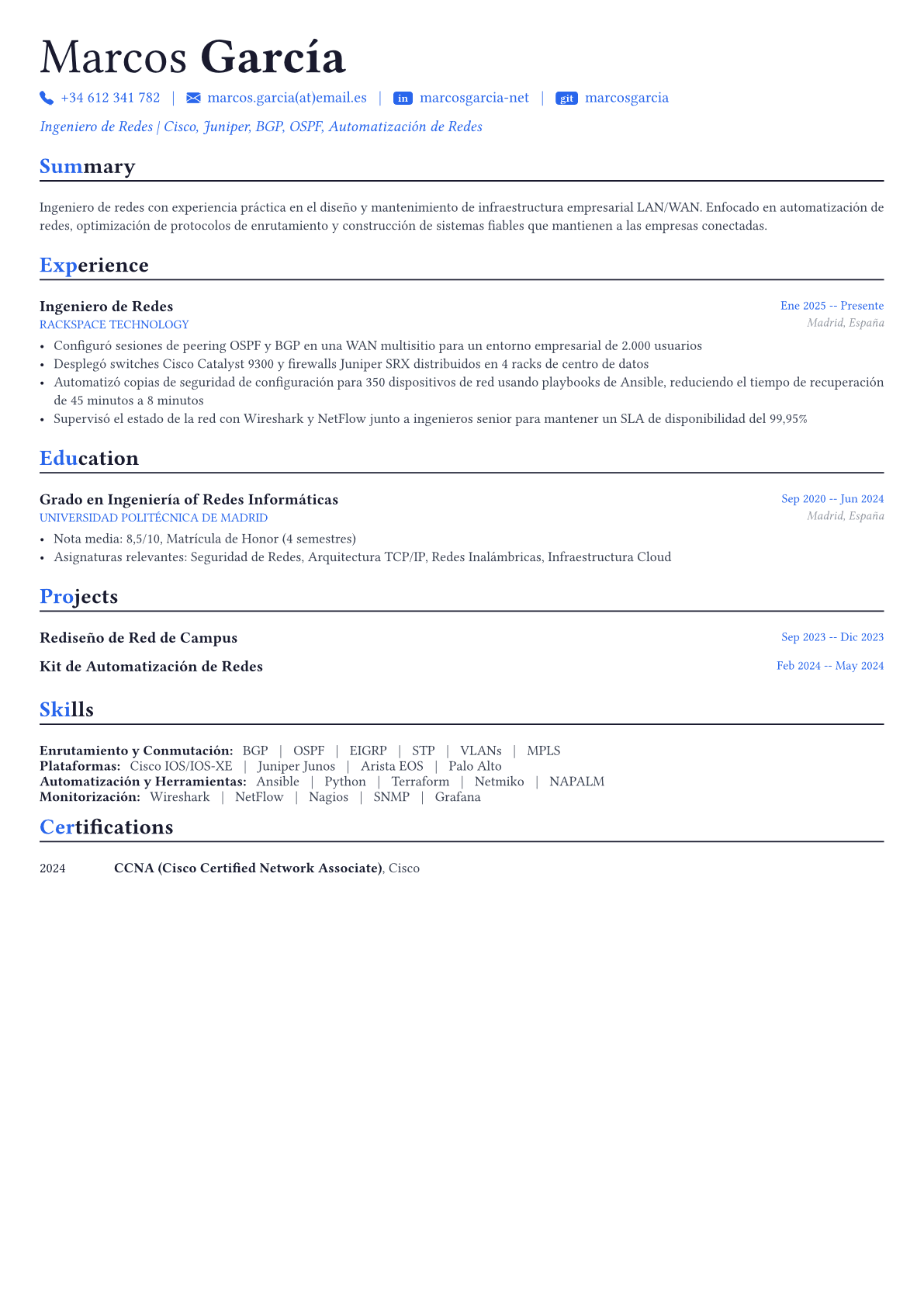 Network Engineer ejemplo de CV