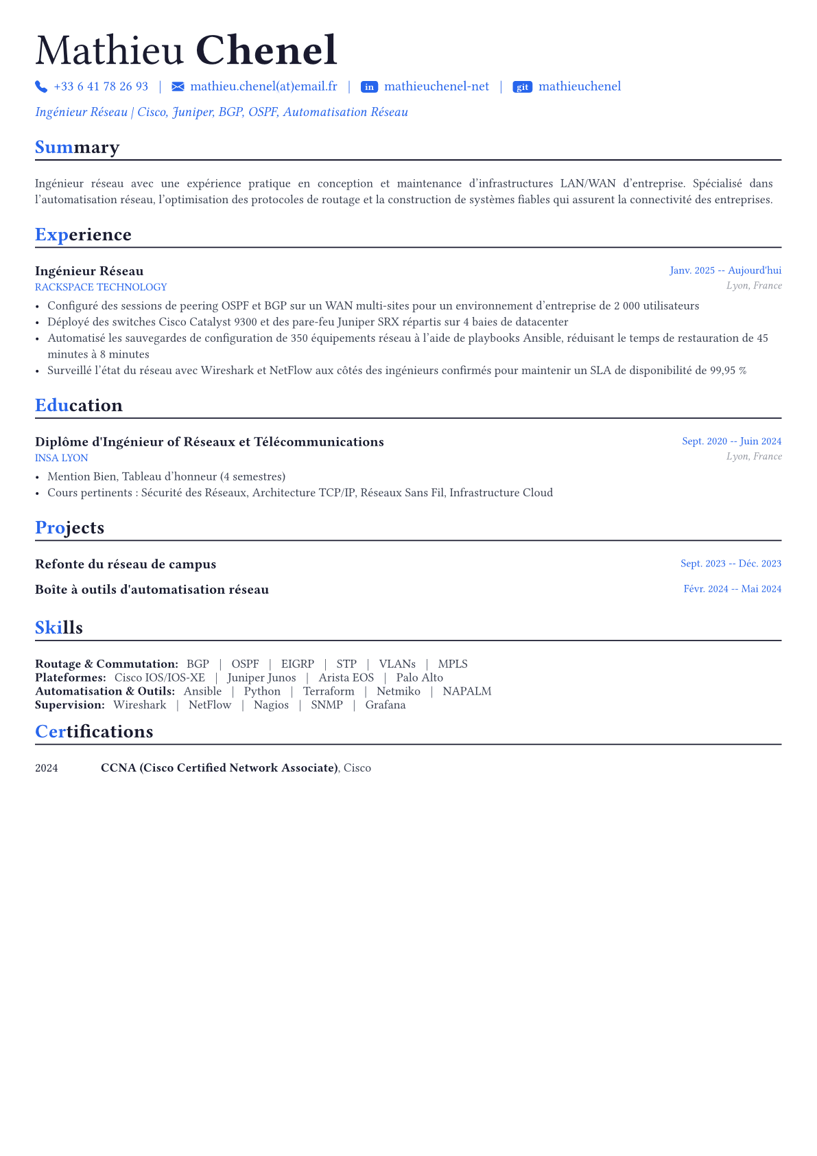 Network Engineer exemple de CV