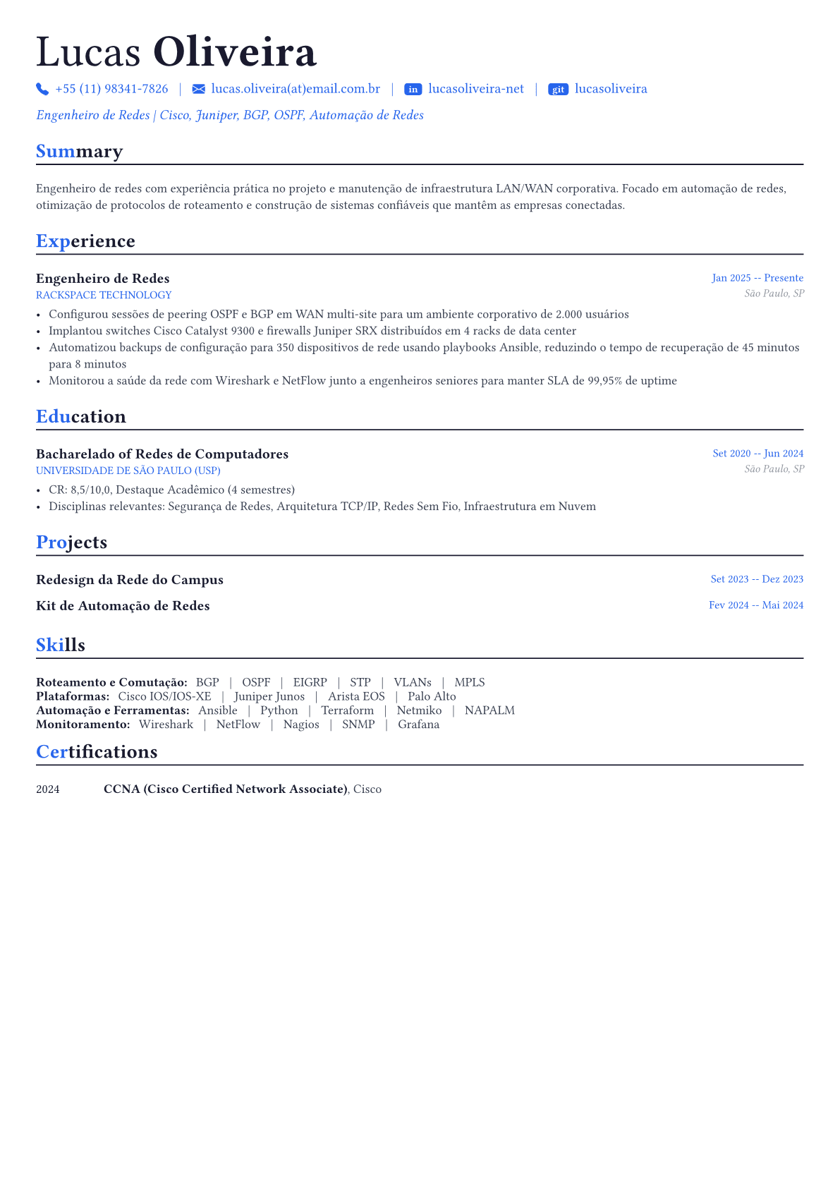 Network Engineer exemplo de currículo