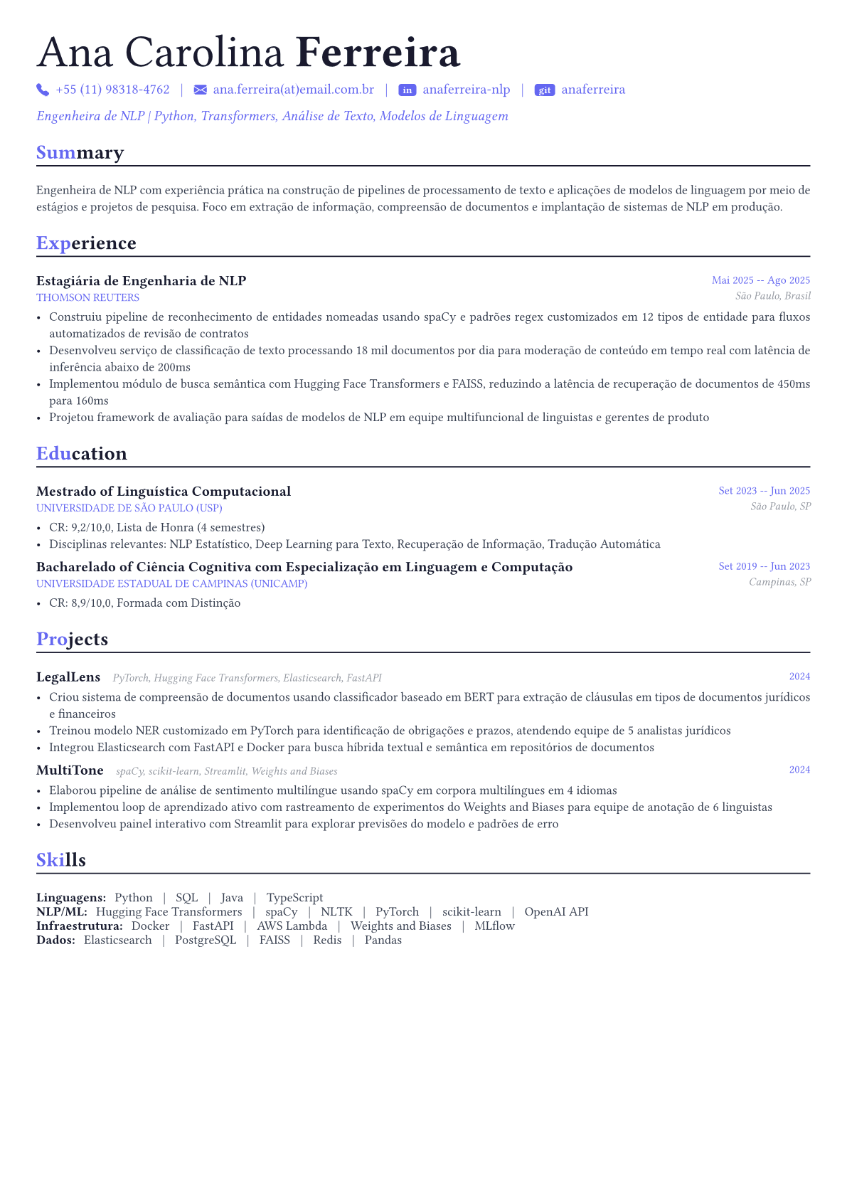 NLP Engineer exemplo de currículo