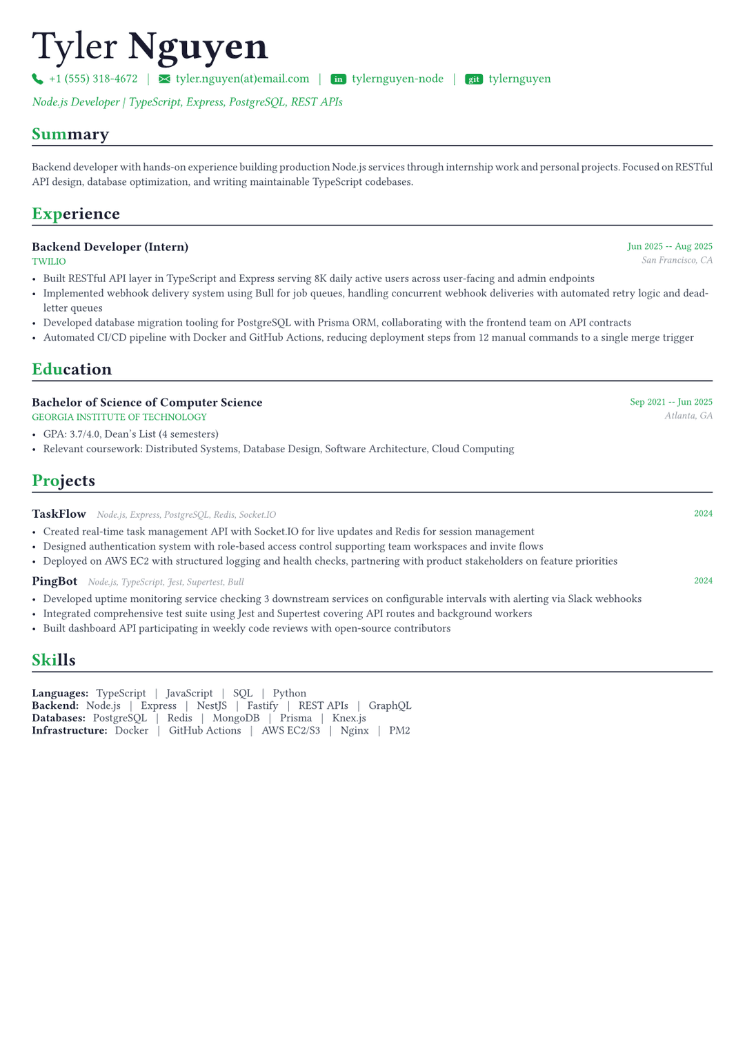 Node.js Developer resume example