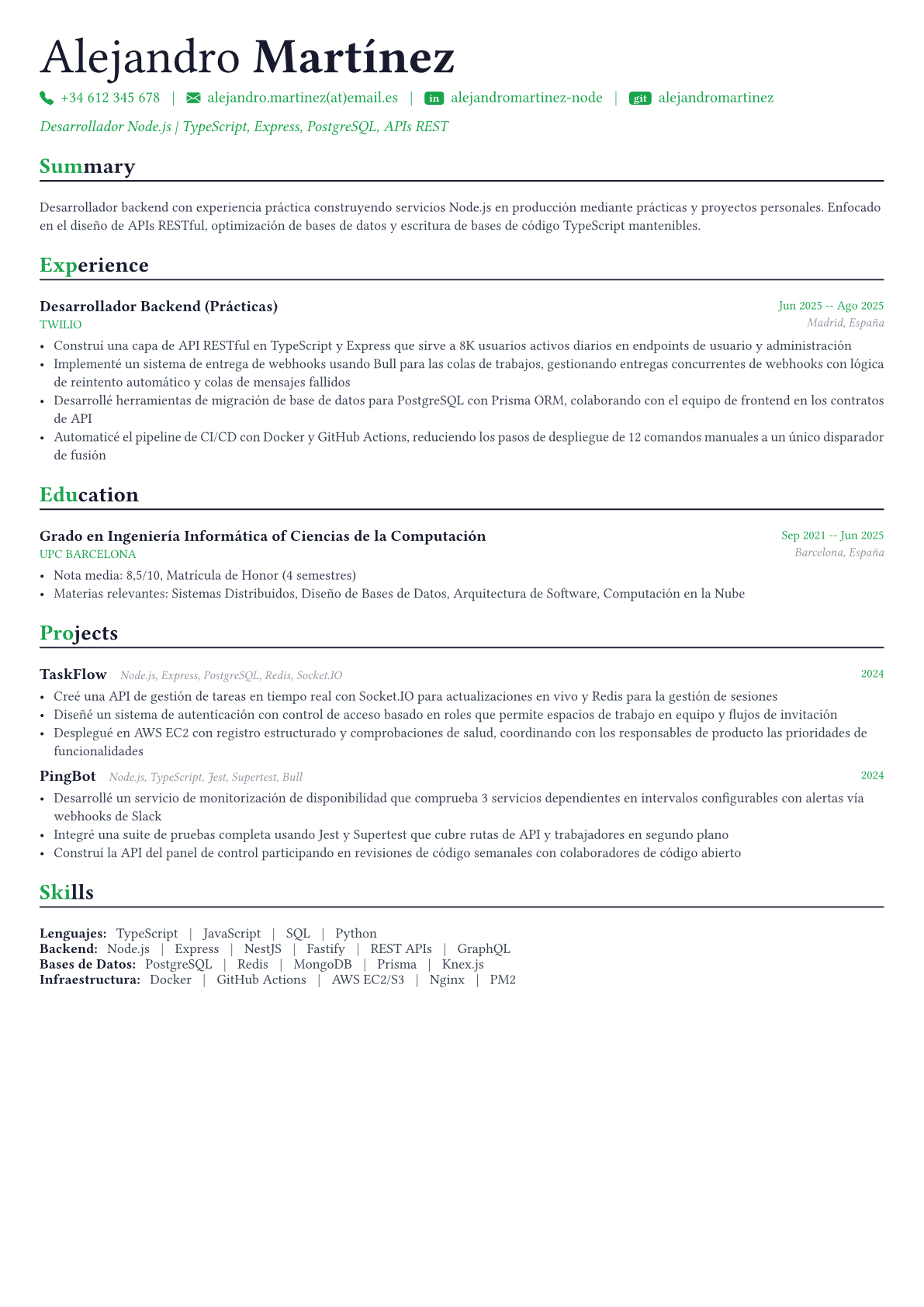 Node.js Developer ejemplo de CV