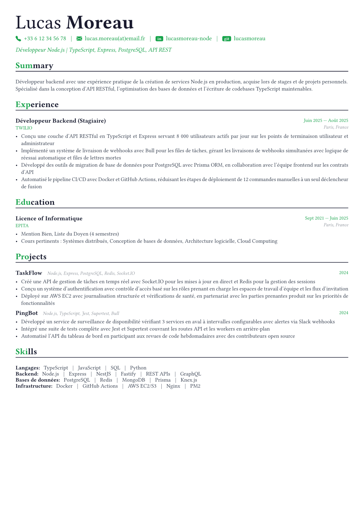 Node.js Developer exemple de CV