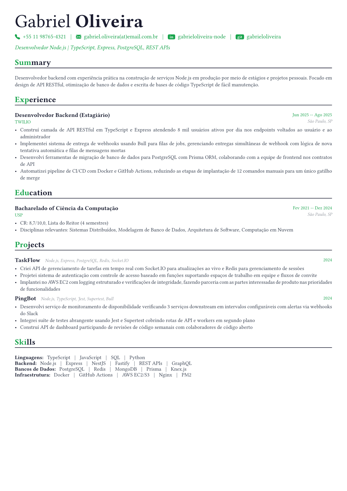 Node.js Developer exemplo de currículo