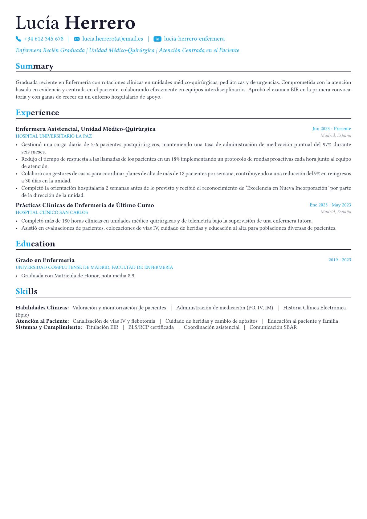 Nurse ejemplo de CV